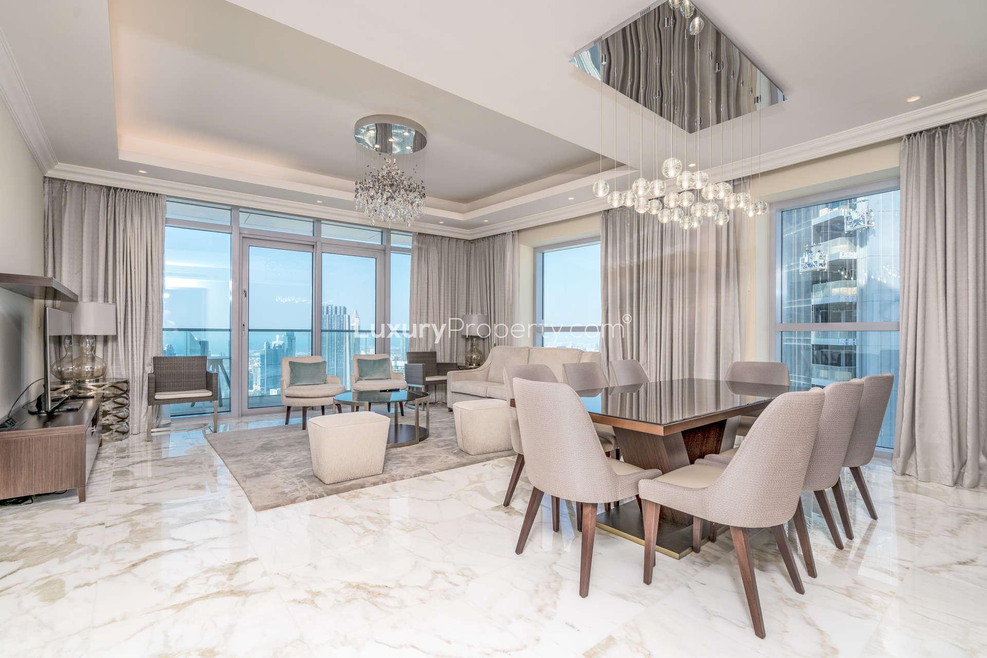 Luxurious bathroom with marble finishes in 3-bedroom apartment, The Address Fountain Views, Downtown Dubai