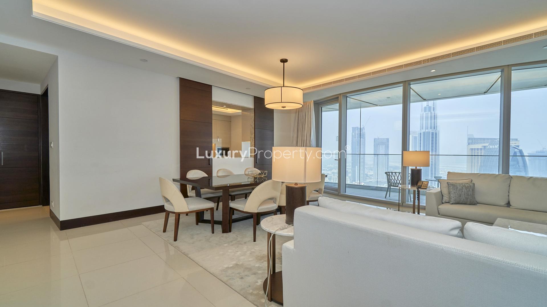 Furnished living room with Burj Khalifa view in Downtown Dubai apartment for rent