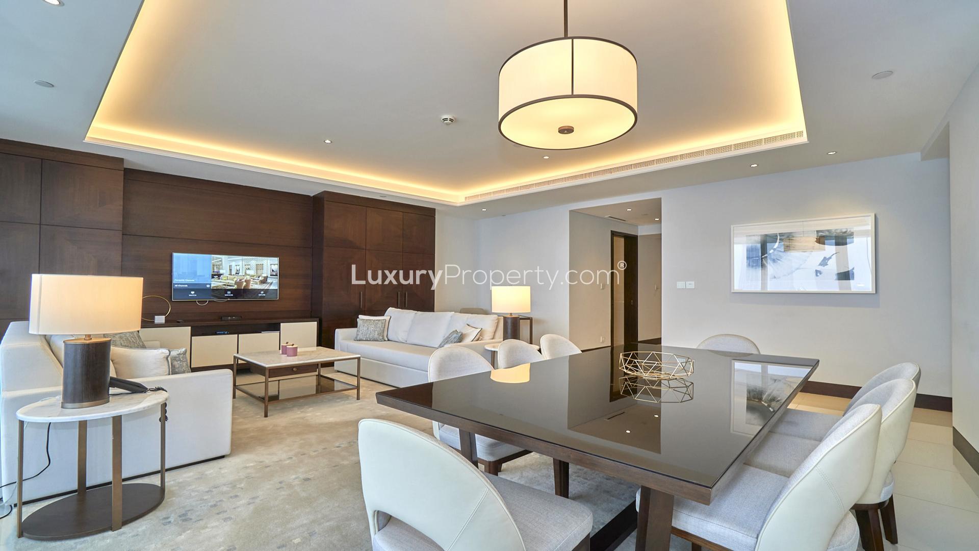 Furnished living room in Downtown Dubai apartment, Address Sky View Towers, modern decor