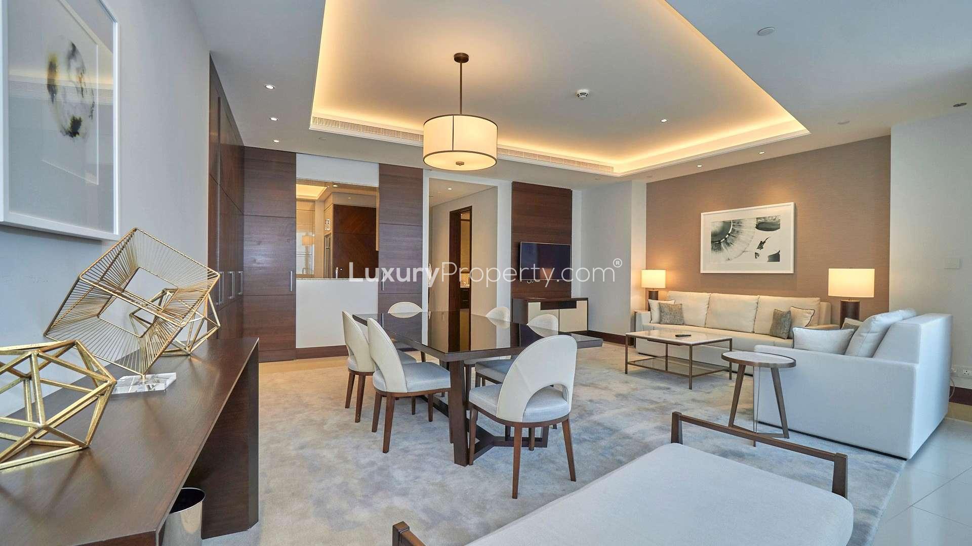 Fully furnished apartment living room with Burj Khalifa views, Downtown Dubai, Address Sky View Towers