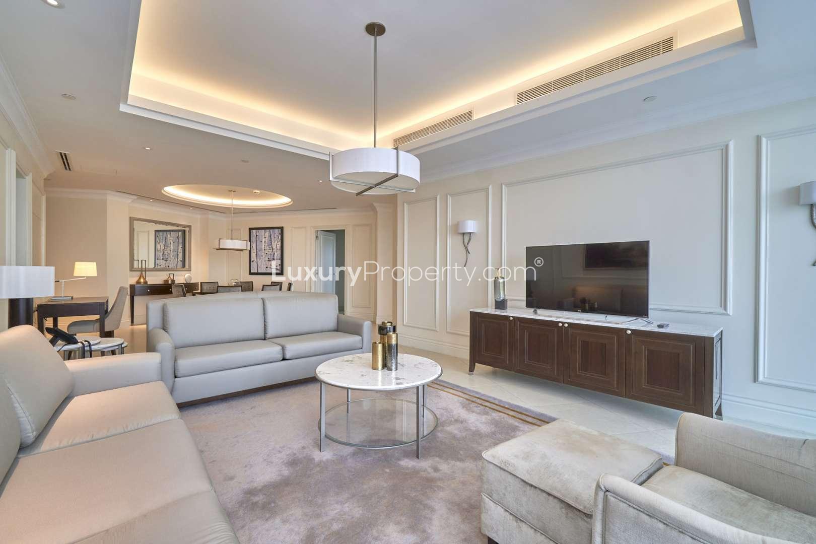 Luxurious balcony view from serviced apartment in The Address The BLVD, Downtown Dubai