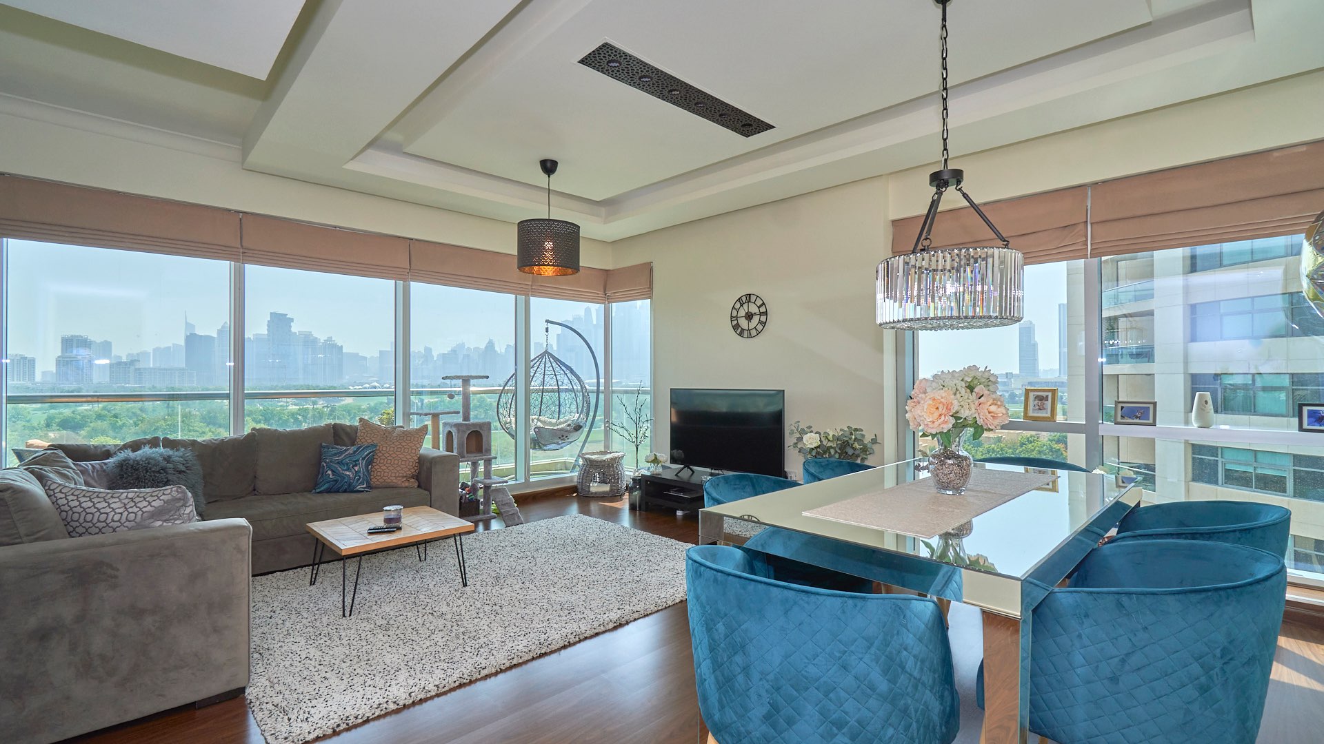 Aerial view of The Fairways community overlooking golf course and city skyline