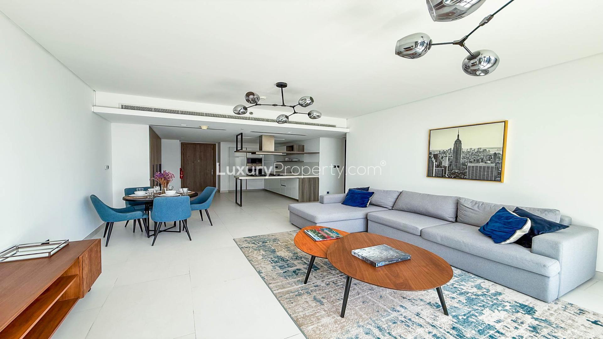 Modern living room in Soho Palm Jumeirah apartment with stylish decor and open layout