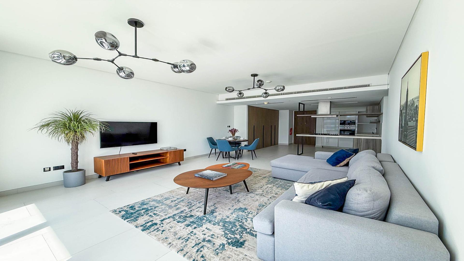 Modern living room with sea view in Soho Palm Jumeirah apartment for rent