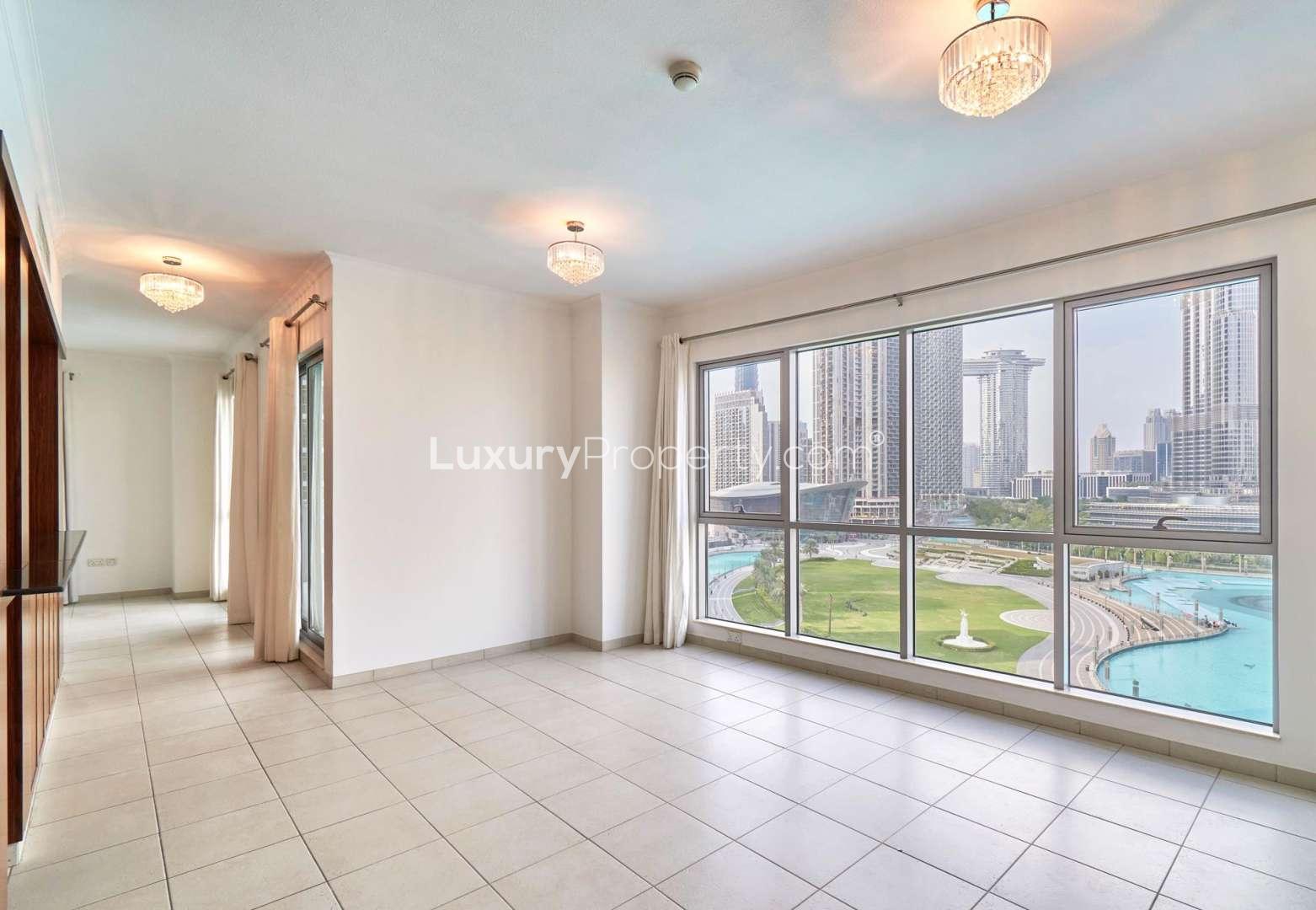 Bright living room with Burj Khalifa views in Downtown Dubai apartment for rent