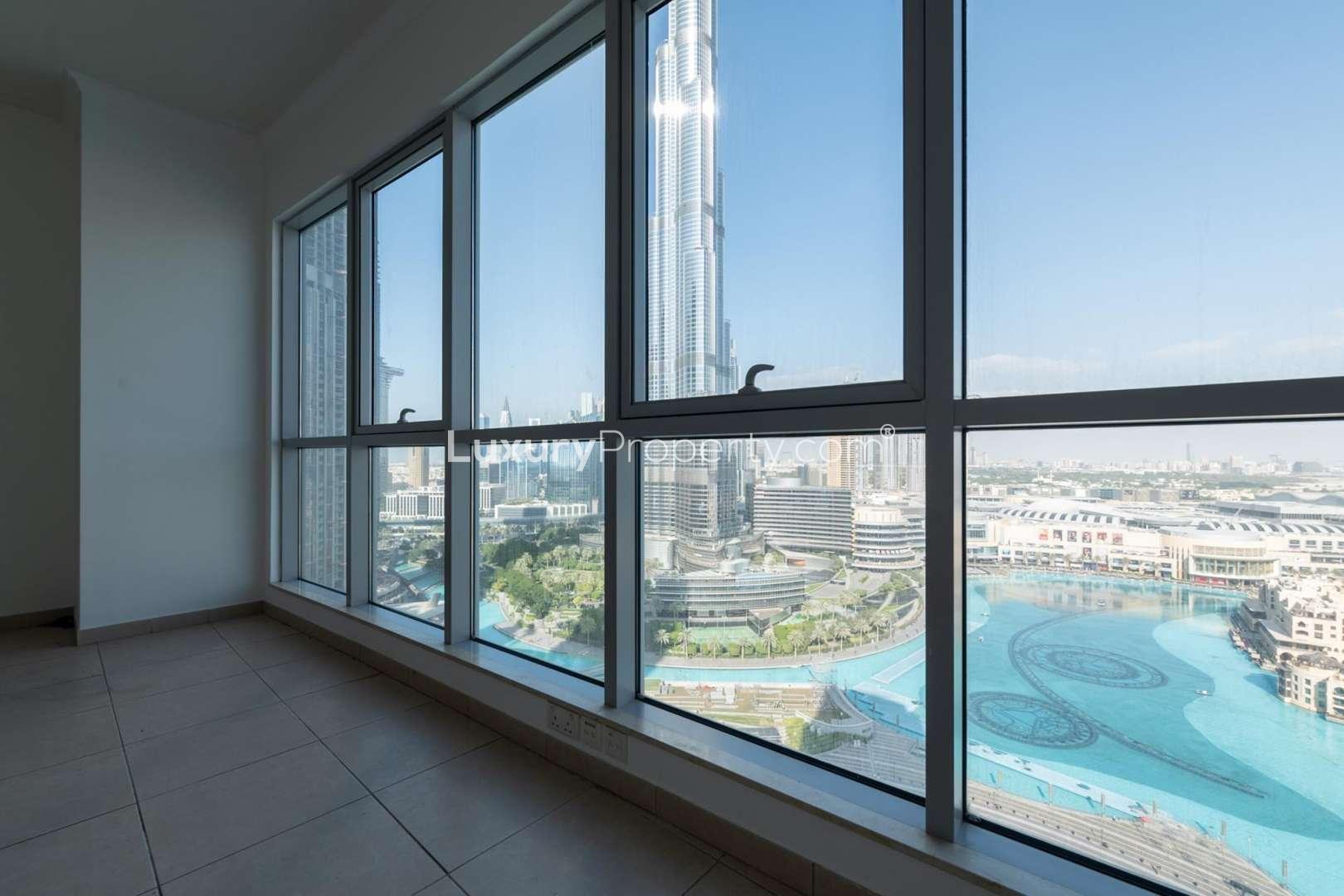 Spacious living room with Burj Khalifa view in Downtown Dubai apartment for rent
