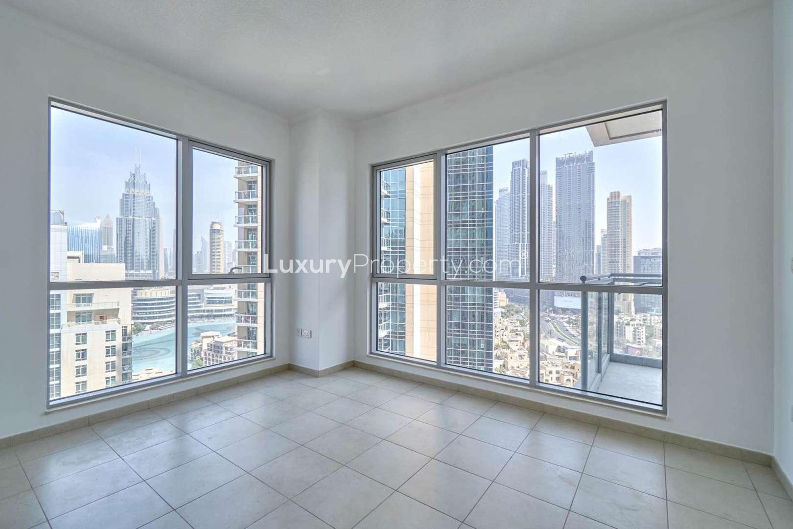 Aerial view of The Residences apartment buildings in Downtown Dubai with pool and Burj Khalifa