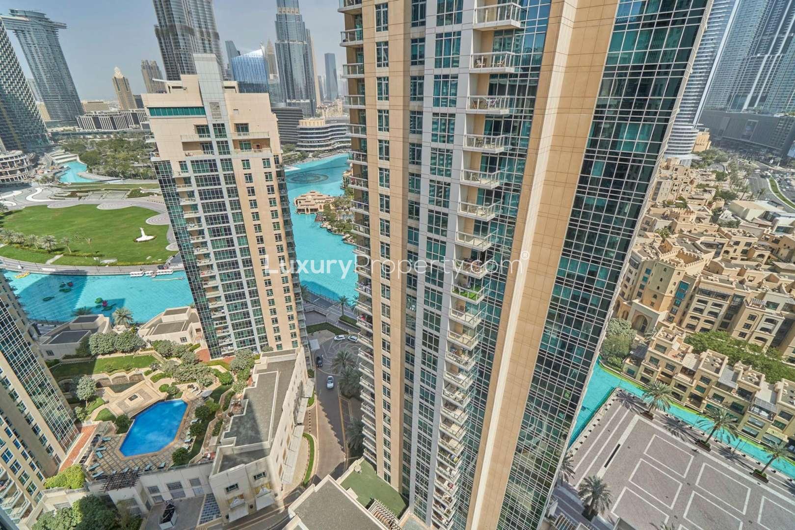 Exterior view of luxury apartment in The Residences, Downtown Dubai with cityscape background