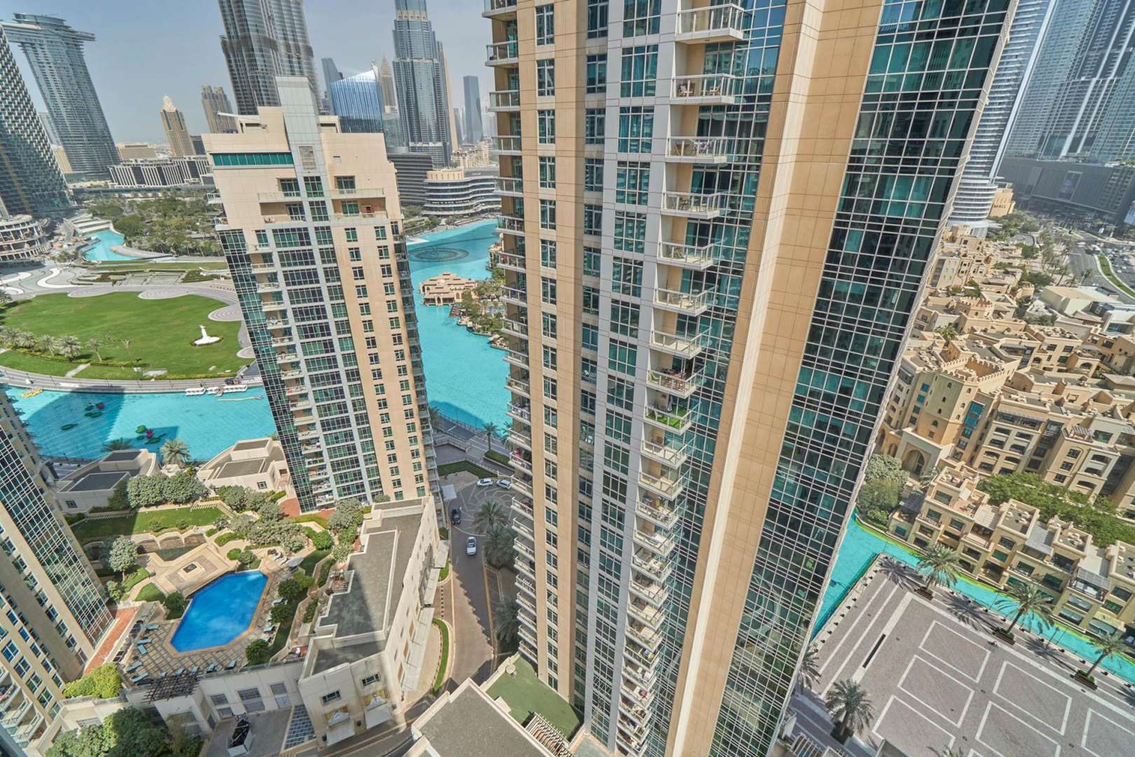 Exterior view of luxury apartment in The Residences, Downtown Dubai with cityscape background
