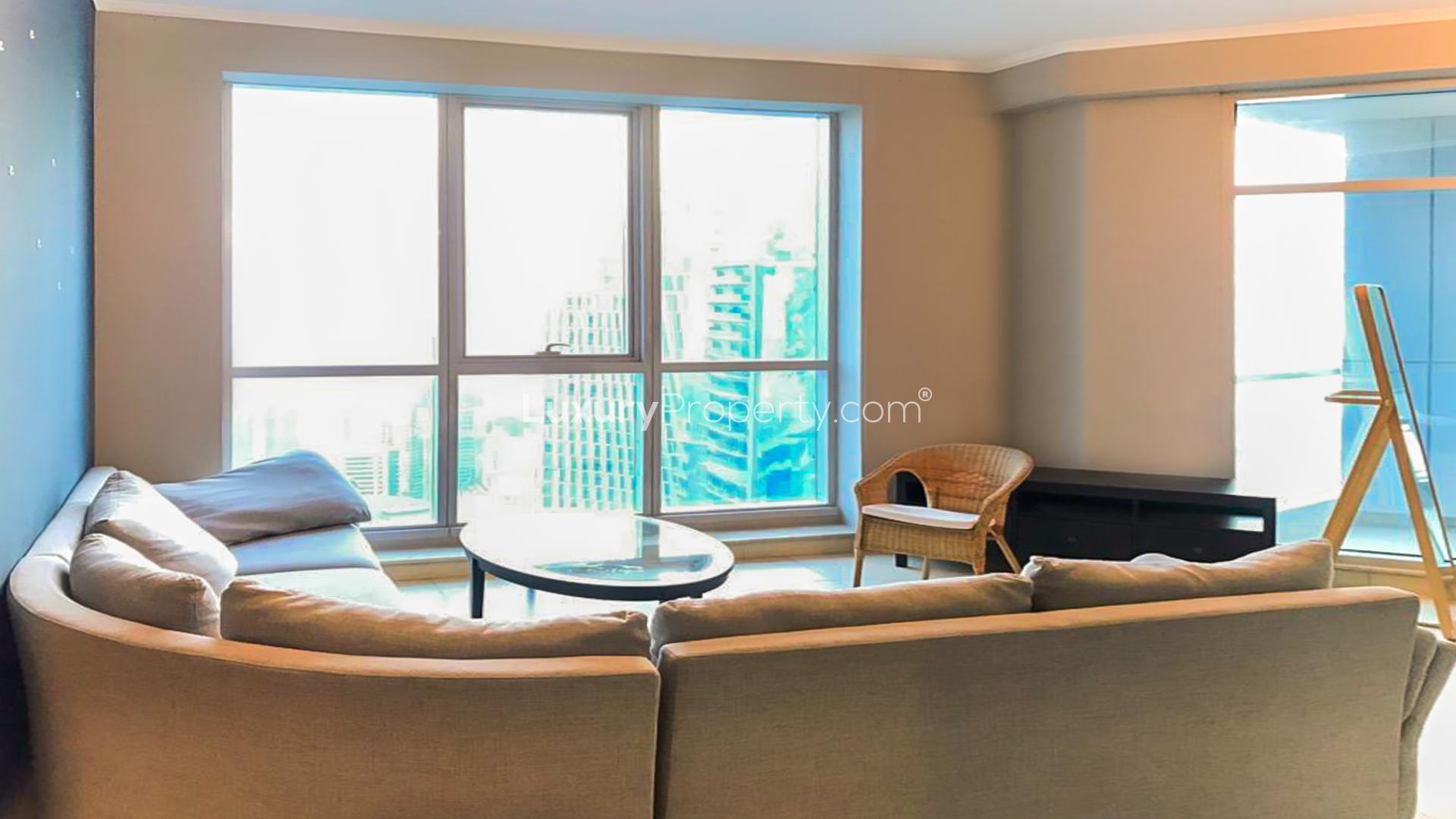 Modern living room in furnished 3-bed apartment, Torch Tower, Dubai Marina for rent