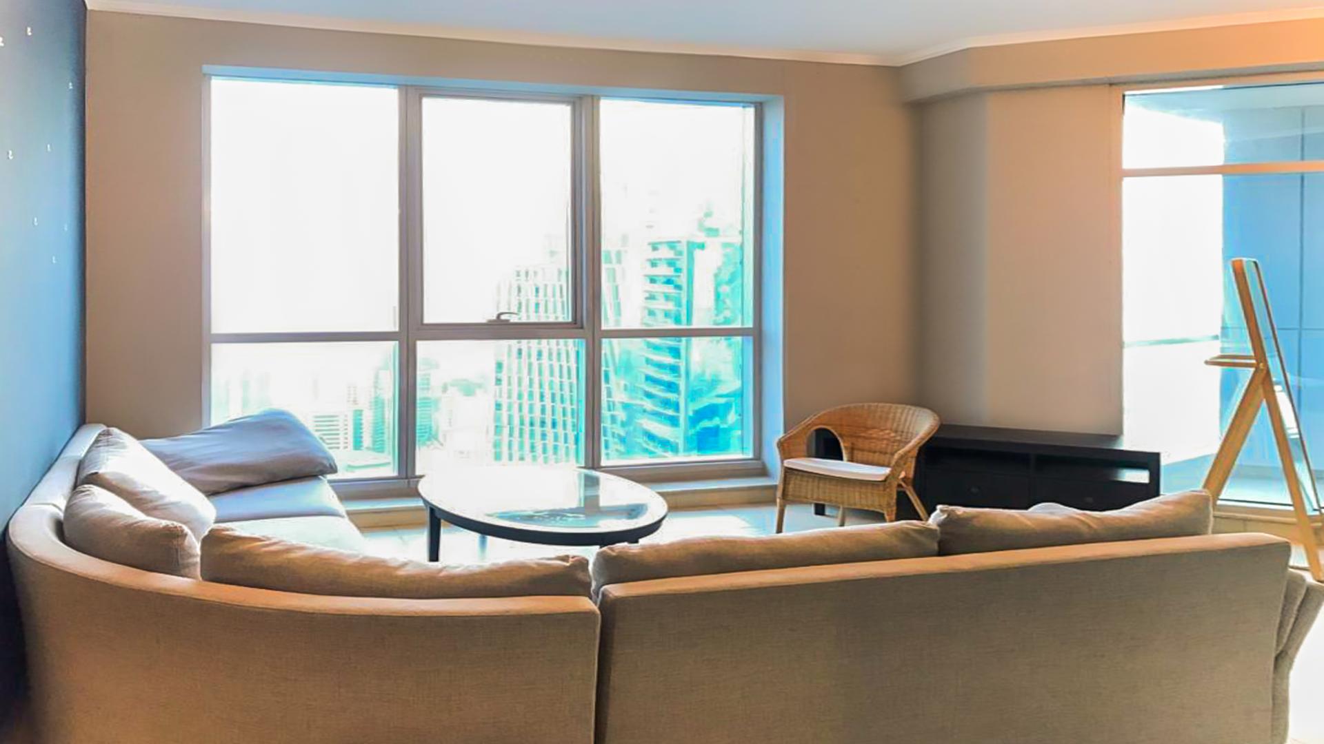 Modern living room in furnished 3-bed apartment, Torch Tower, Dubai Marina for rent