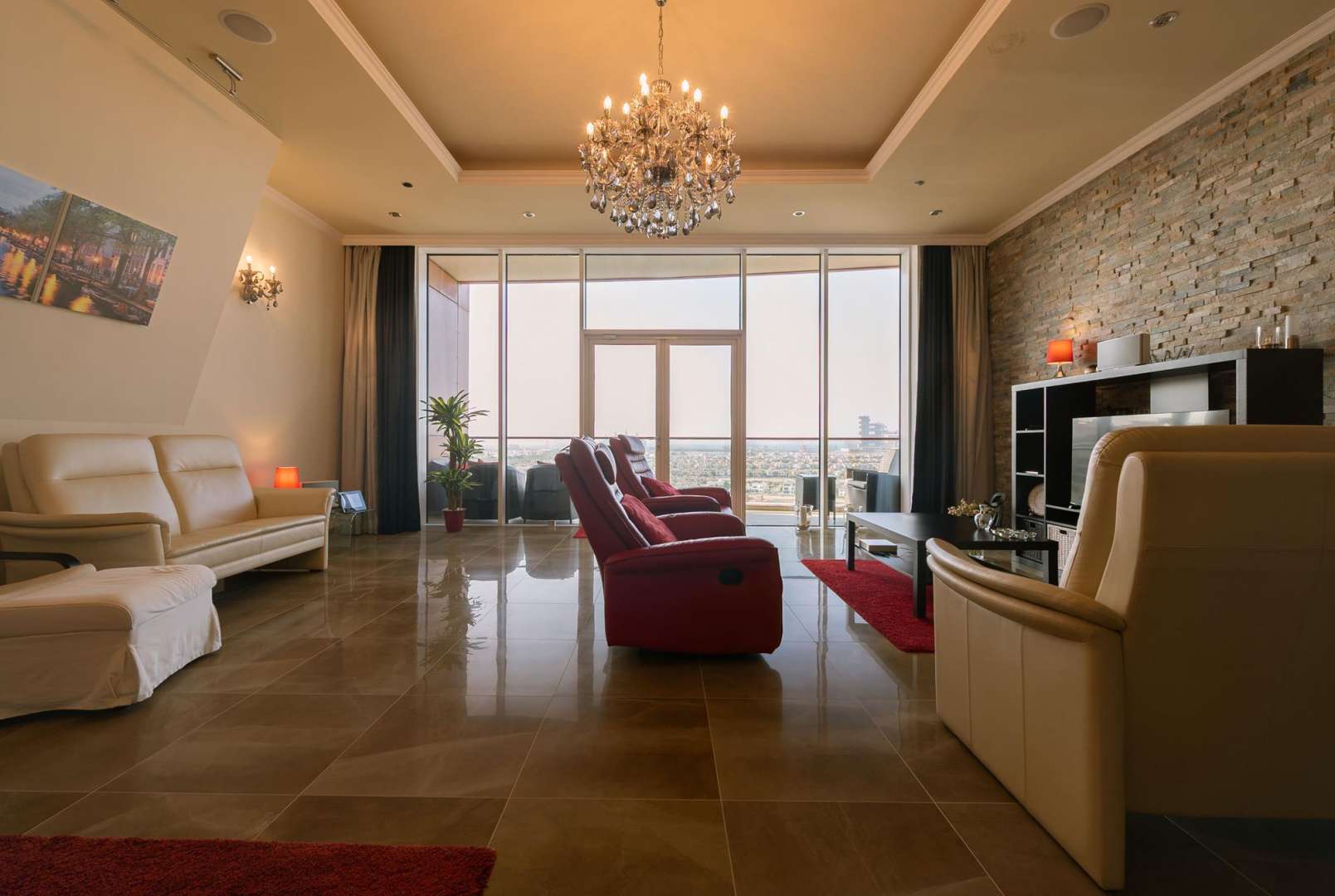 Upgraded living room in Tiara Residences apartment, Palm Jumeirah, with marina view