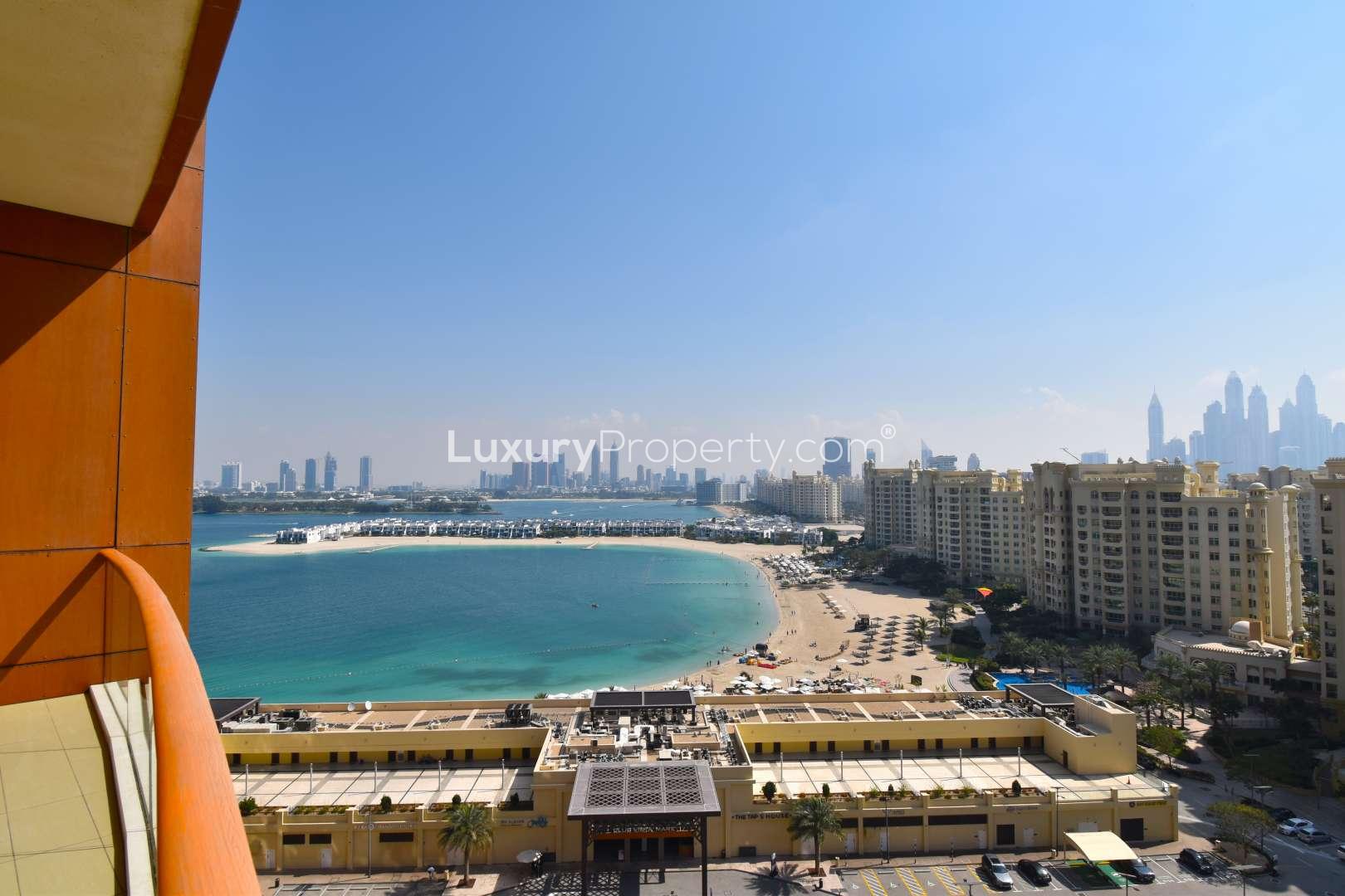 "Spacious Tiara Residences balcony with stunning sea views, Palm Jumeirah apartment for rent.",Stunning sea view from Tiara Residences apartment on Palm Jumeirah, Dubai