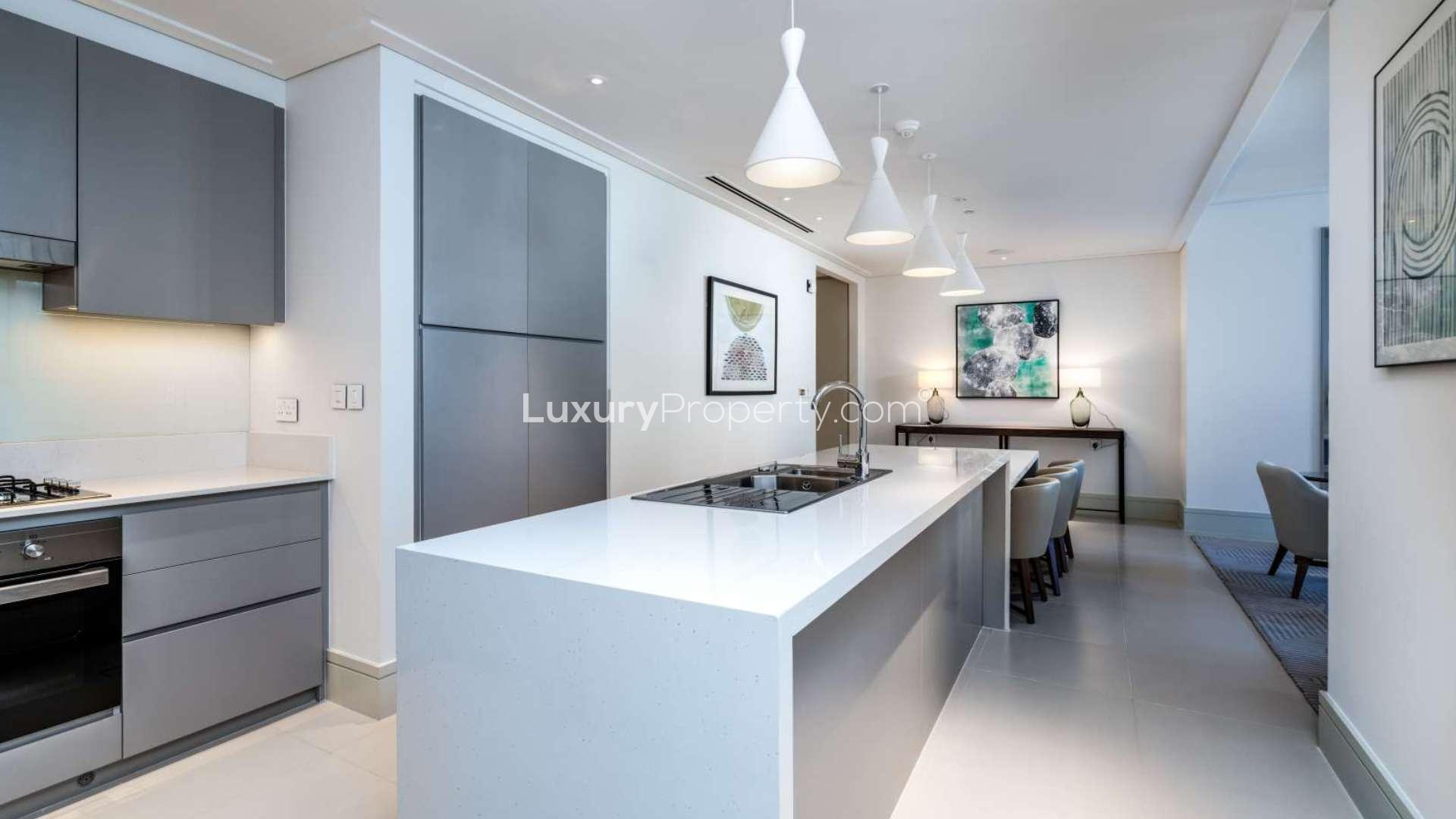 Elegant living room in 3-bedroom apartment at Vida Residences, Downtown Dubai. Modern decor, open layout