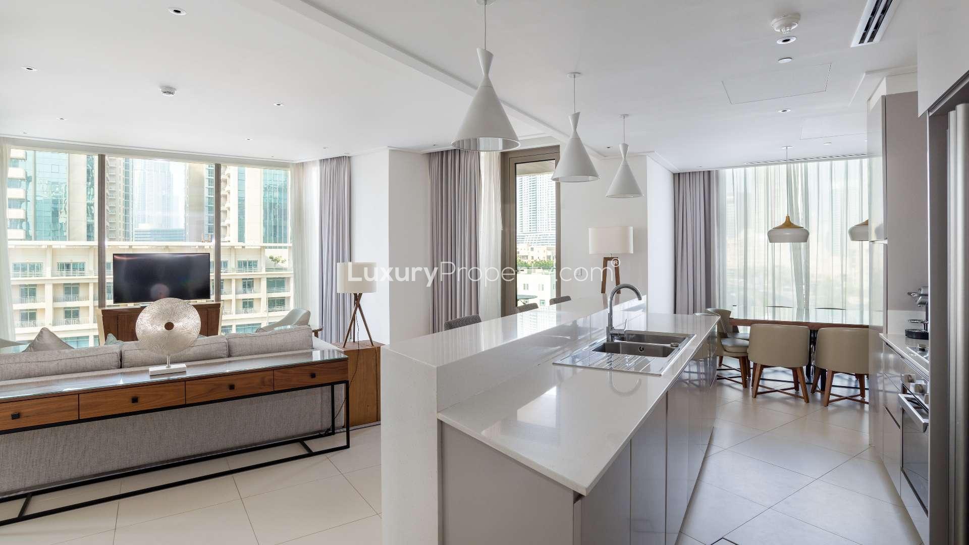 Hallway view in furnished Downtown Dubai apartment, Vida Residence, with modern decor and natural light