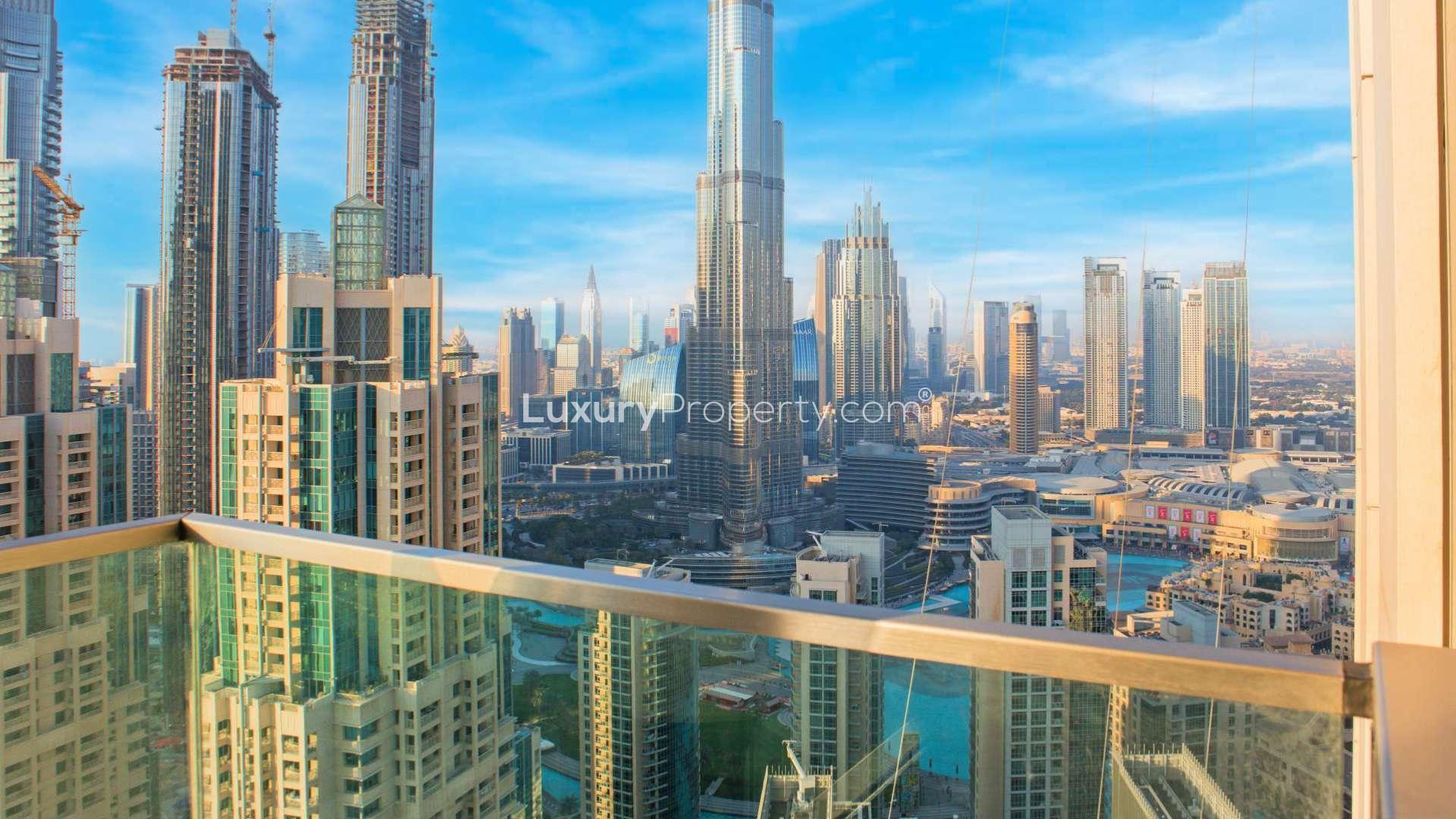 Furnished living and dining area in Vida Residence apartment, Downtown Dubai, Burj Khalifa view