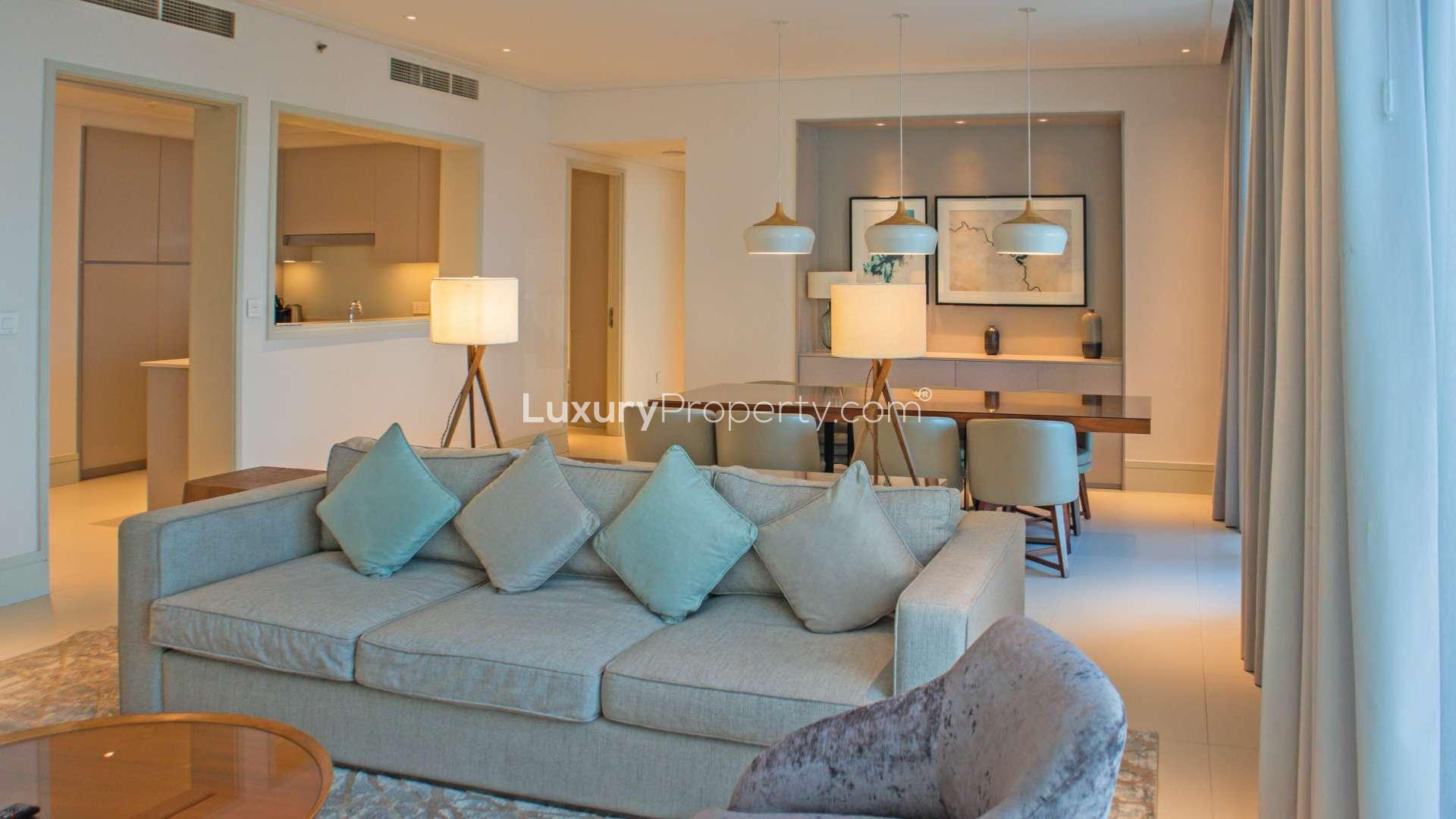 Furnished apartment balcony view of Burj Khalifa in Vida Residence, Downtown Dubai