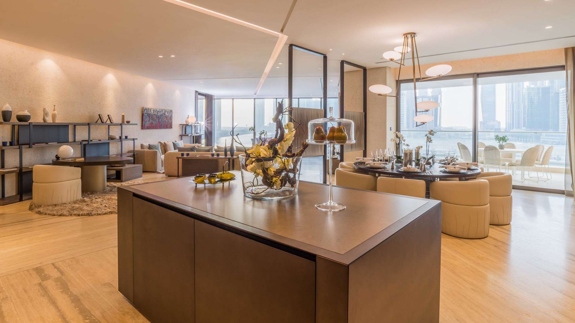 Luxurious living room in Volante Tower apartment, Business Bay, featuring modern decor and furnishings