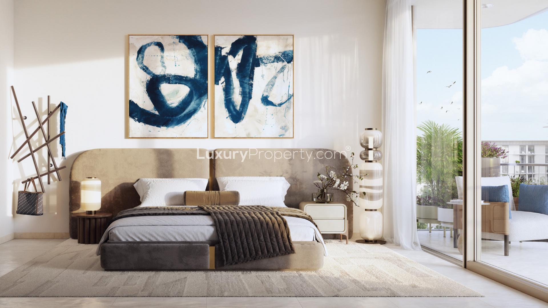 Aerial view of luxury yachts docked at Mina Rashid marina, near Avonlea apartment