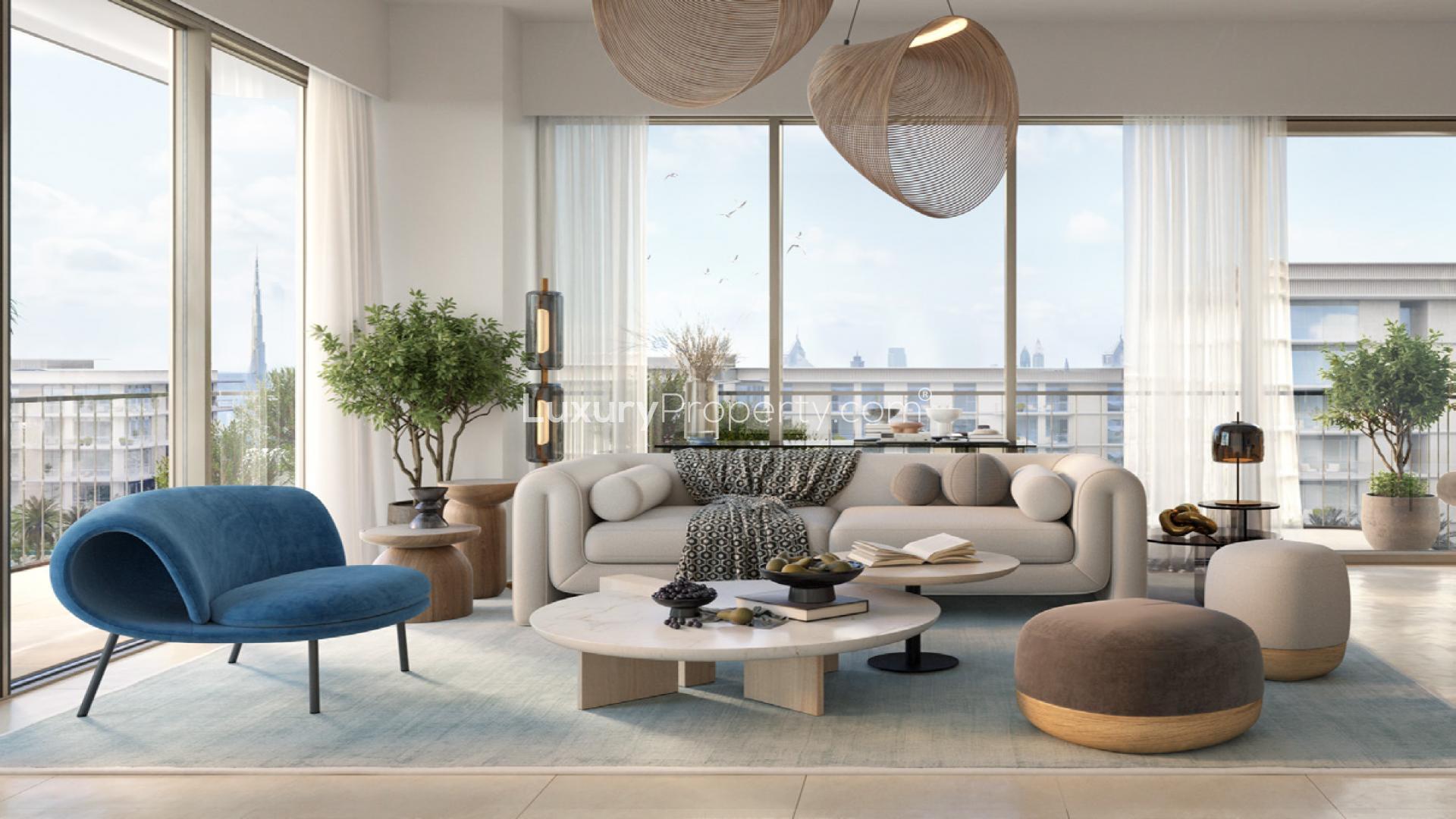 Modern apartment exterior in Avonlea, Mina Rashid, at sunset. Three bedrooms, for sale