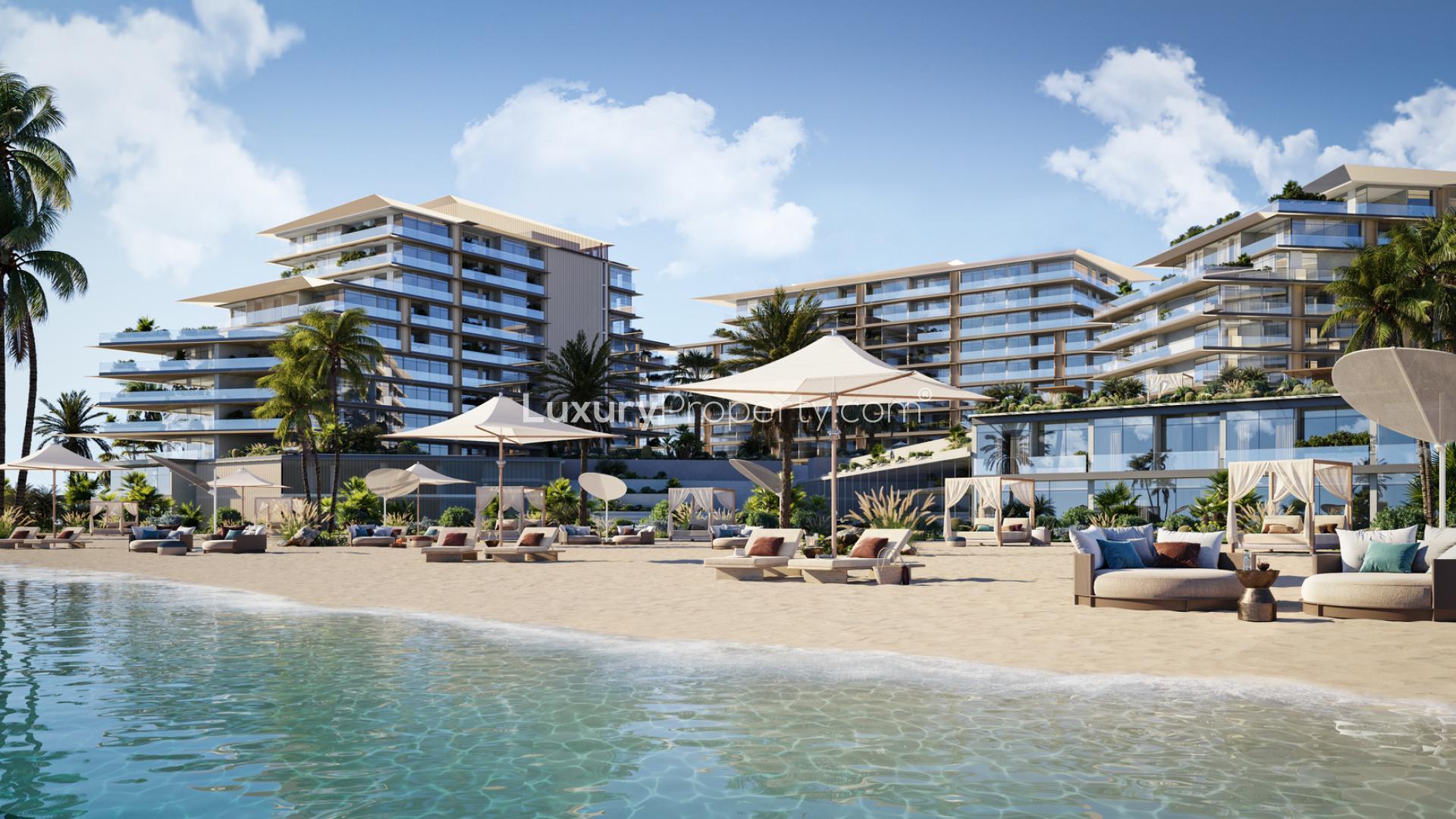 Luxurious beachfront apartment view in Rixos, Dubai Islands with palm trees and serene water