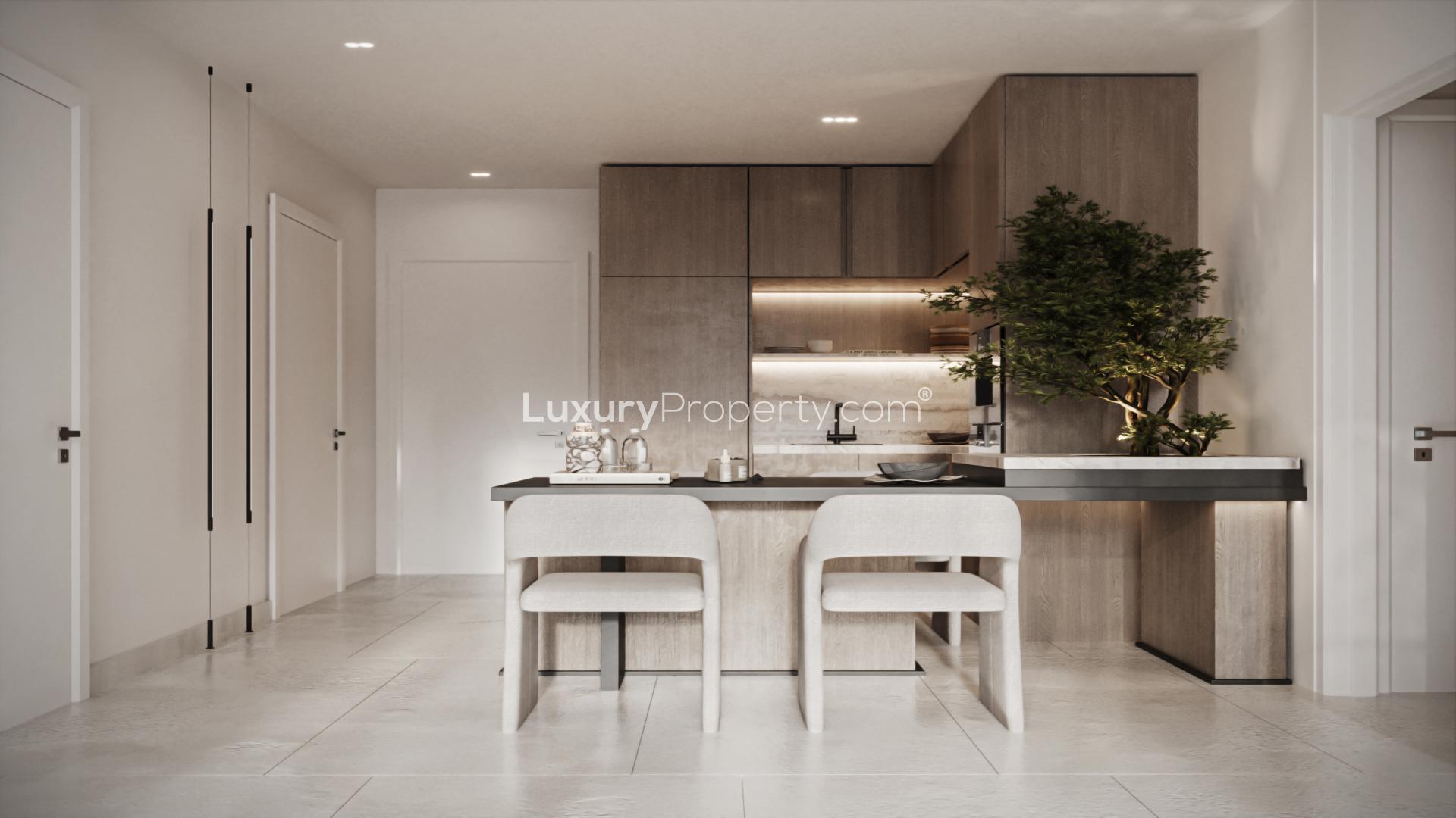 Modern living room in Aveline Residences apartment, Jumeirah Village Circle, for sale