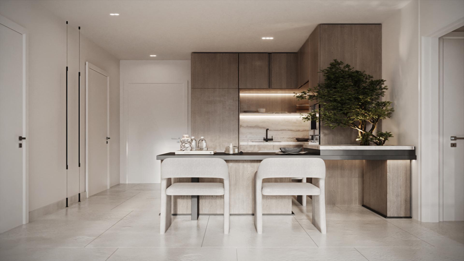 Modern living room in Aveline Residences apartment, Jumeirah Village Circle, for sale