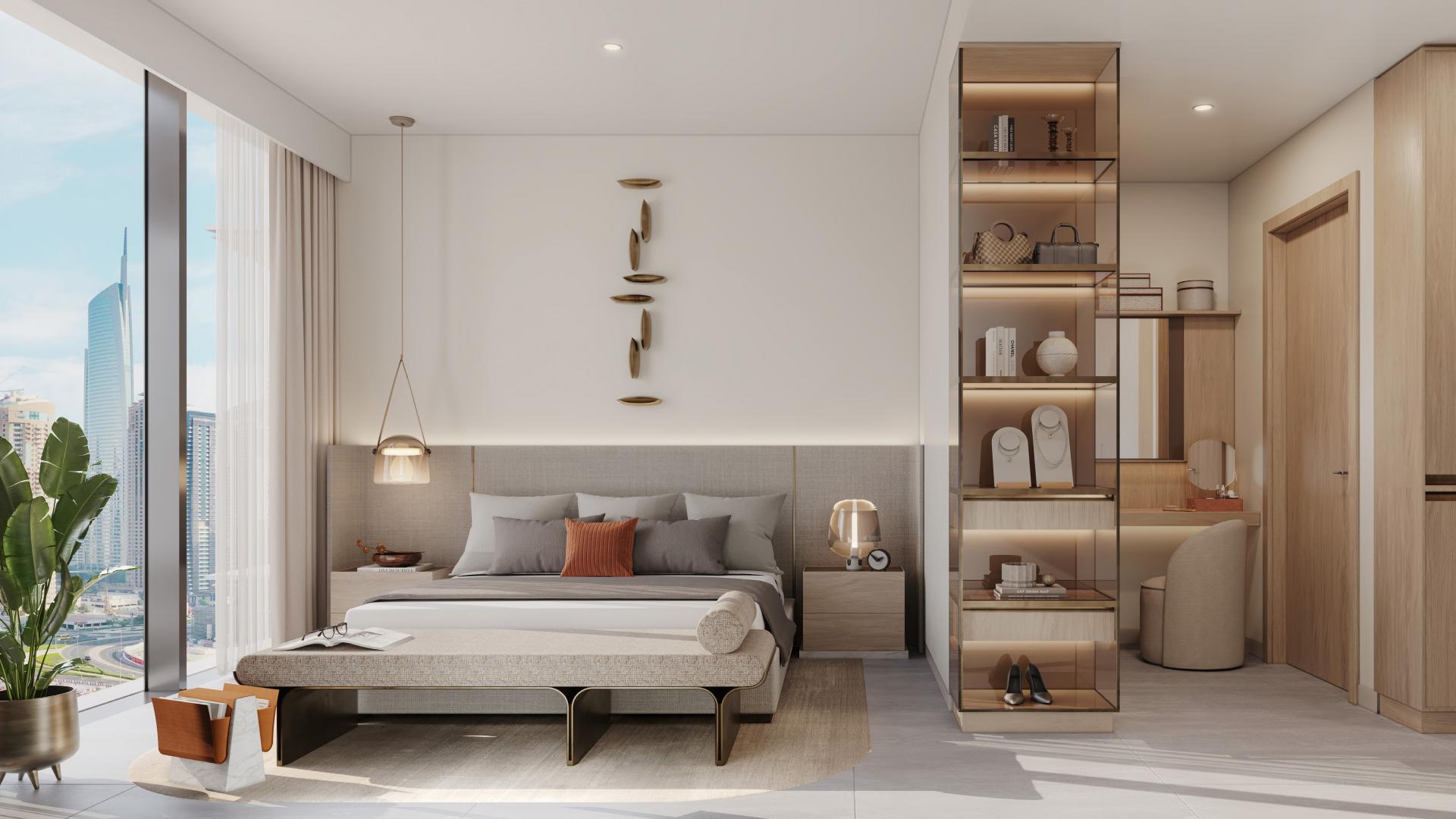 High-floor Mercer House apartment kitchen with marble island, modern fixtures in Jumeirah Lake Towers