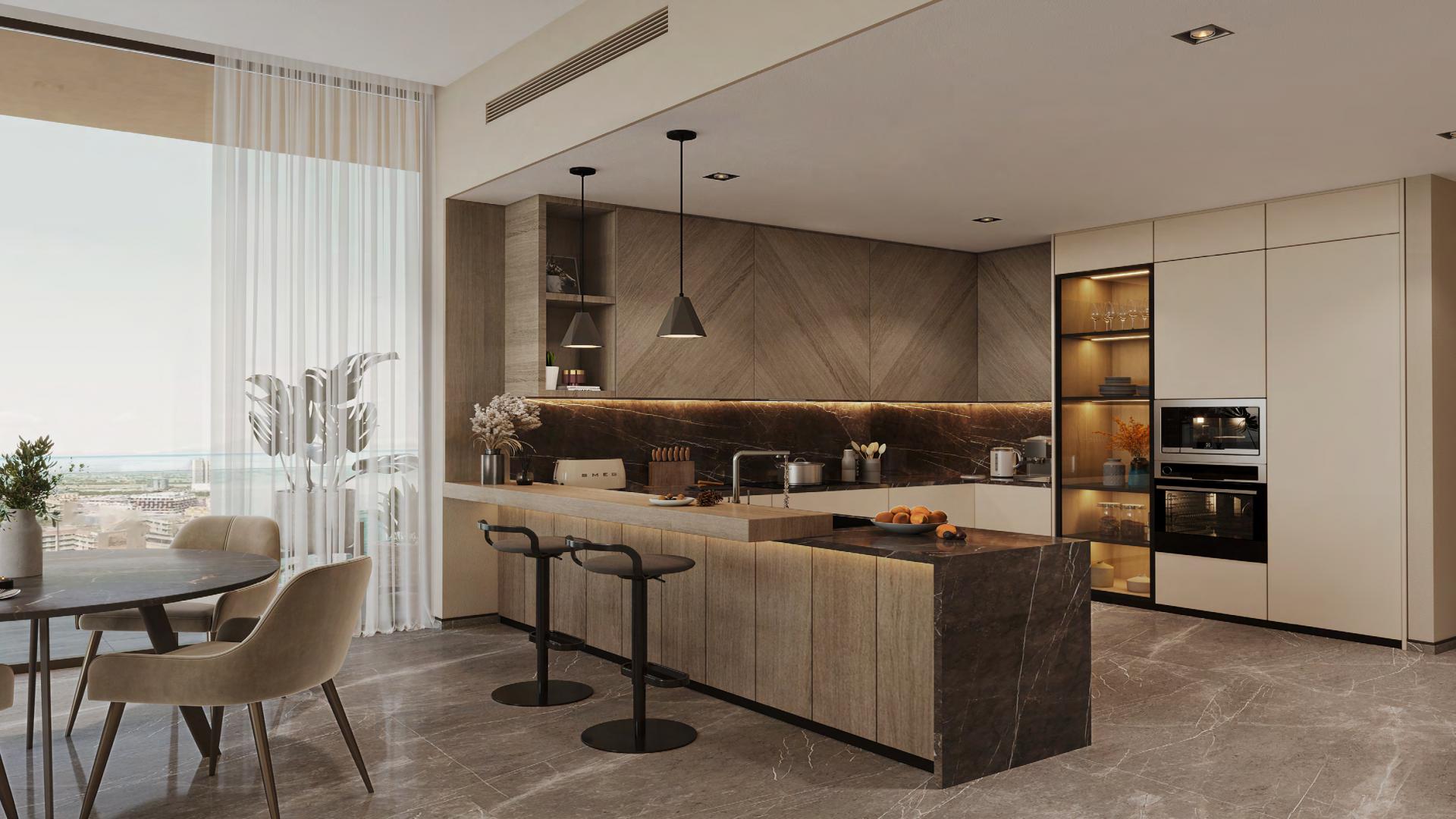 Modern kitchen in three-bedroom apartment, Haven Living, Dubai Islands, Deira. Spacious and stylish design