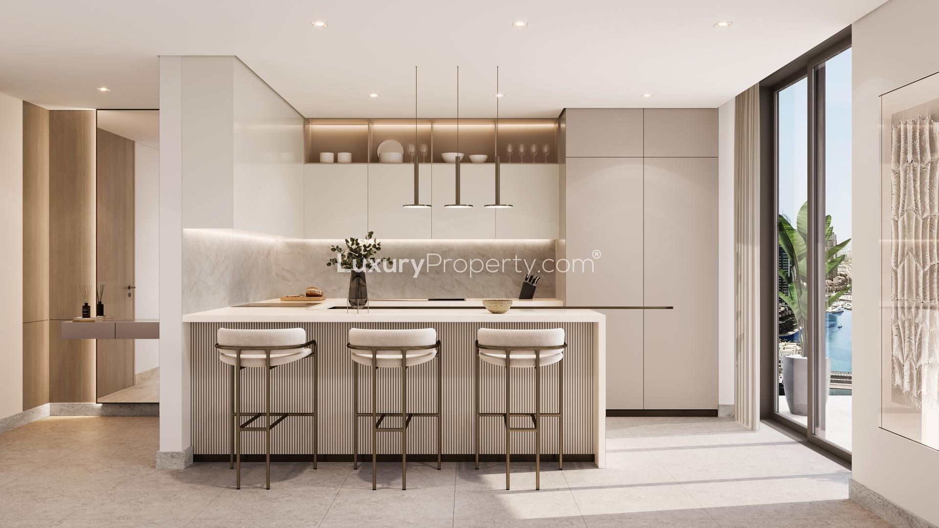 Luxurious Dubai Marina apartment with modern interior, dining area, and stunning sea views