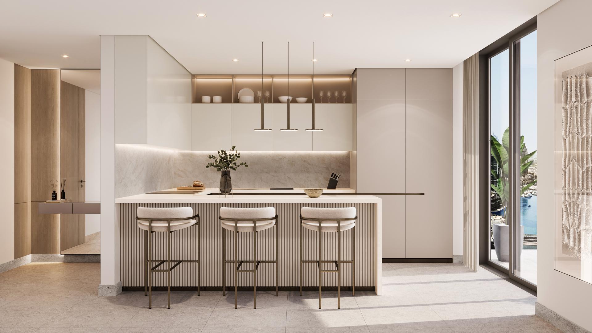 Luxurious Dubai Marina apartment with modern interior, dining area, and stunning sea views