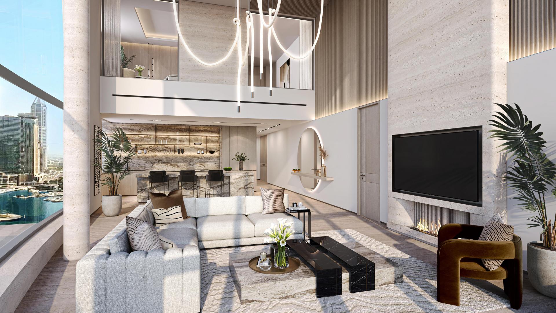 Luxurious living room in 3-bedroom duplex, Dubai Marina, with stunning marina views