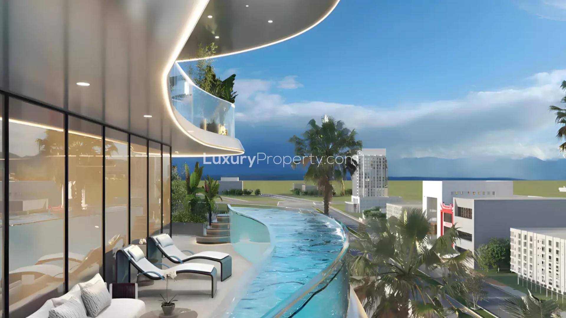 Volga Tower apartment exterior in Jumeirah Village Triangle, modern architecture, blue sky backdrop