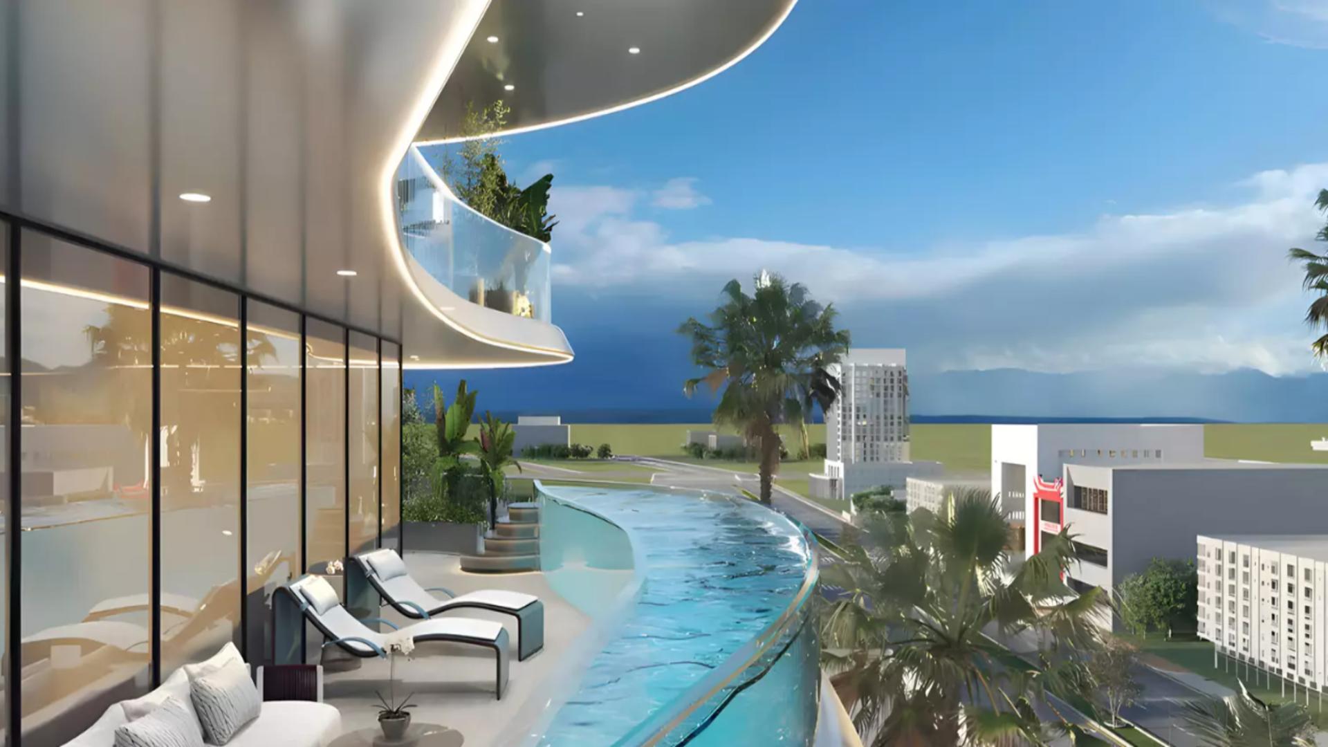 Volga Tower apartment exterior in Jumeirah Village Triangle, modern architecture, blue sky backdrop