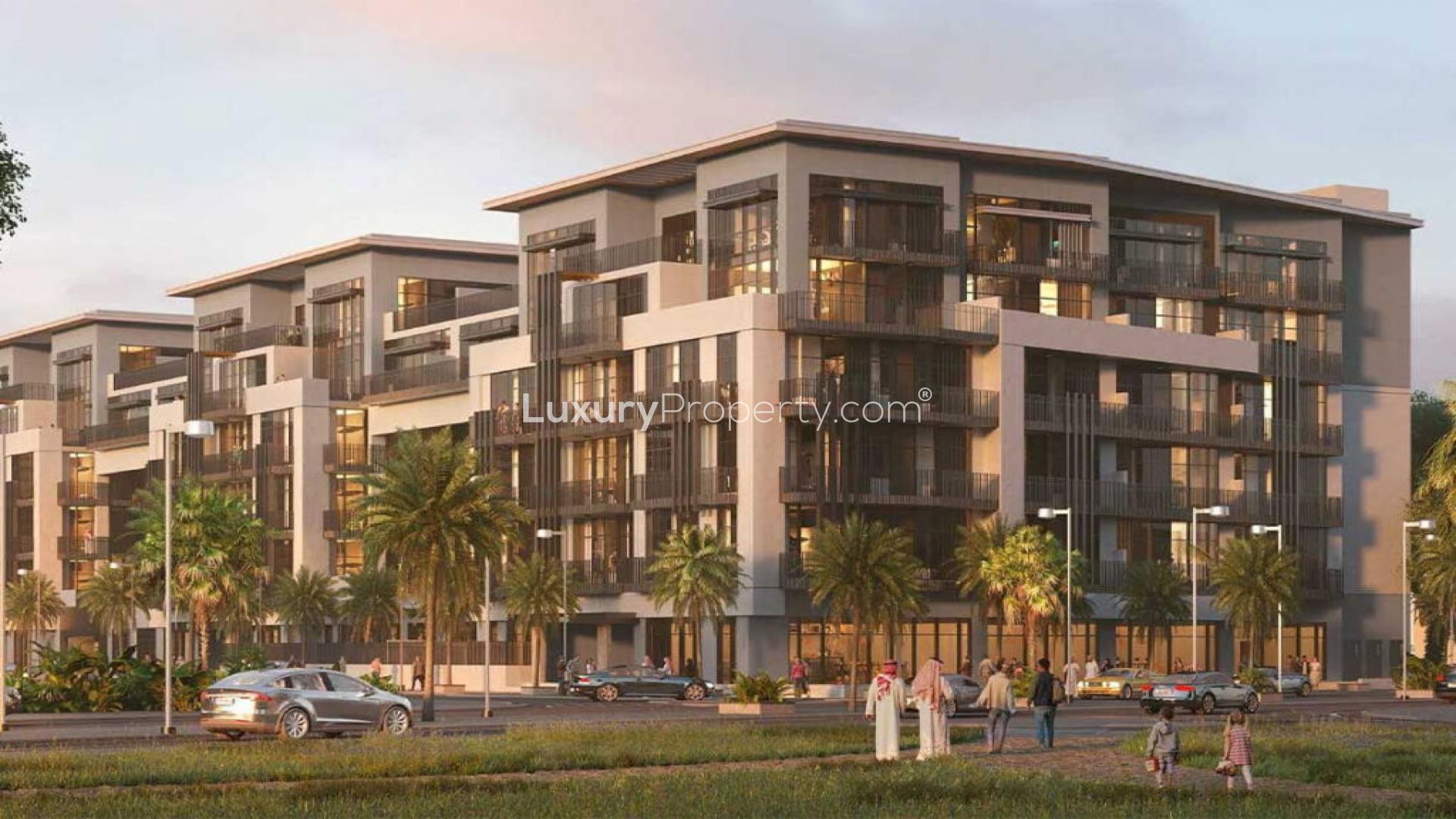 Luxurious bedroom with large windows in Parkwood Residences, Jumeirah Village Circle apartment