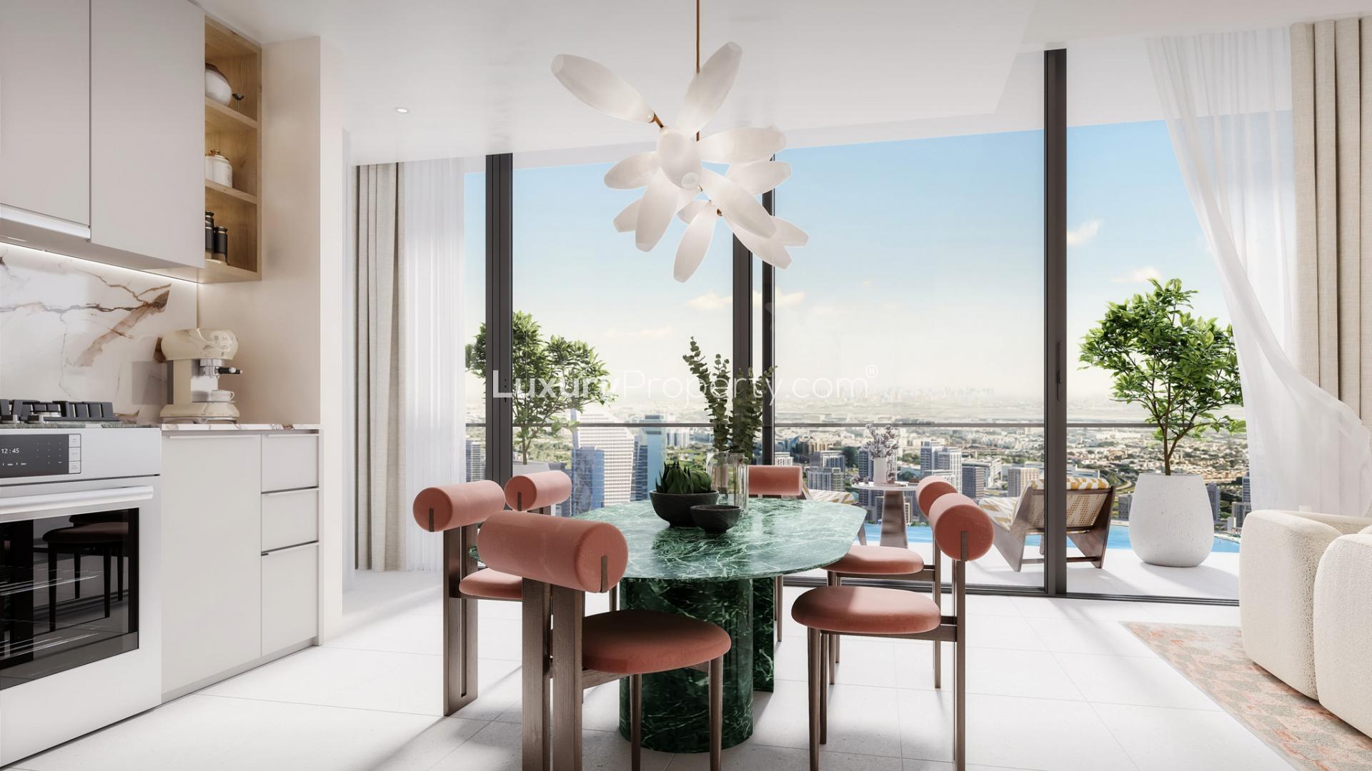 Luxurious apartment balcony with stunning Dubai Creek Harbour views at sunset