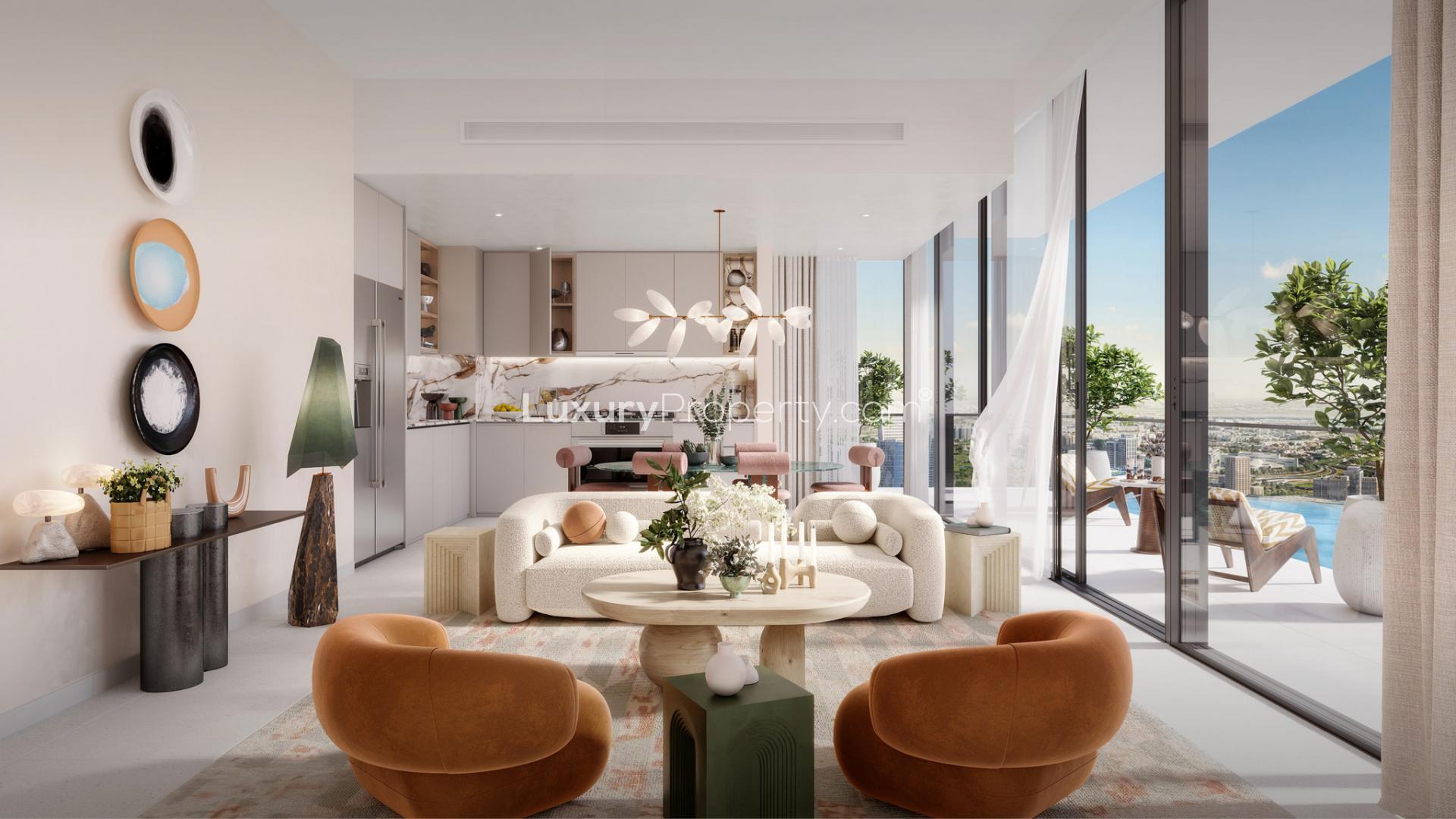 Luxurious living room with panoramic views in Dubai Creek Harbour apartment for sale