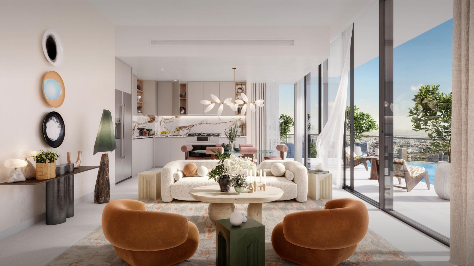 Luxurious living room with panoramic views in Dubai Creek Harbour apartment for sale