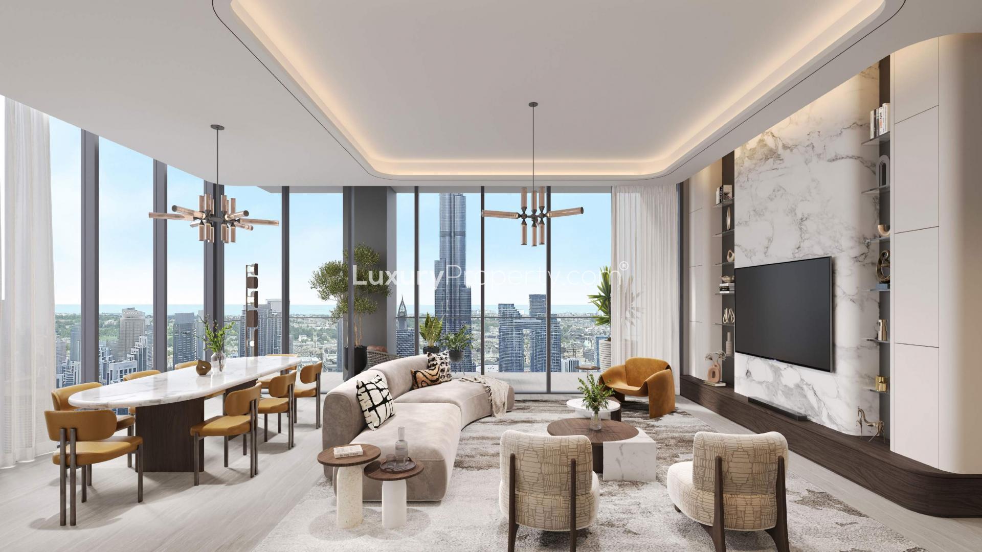 Aerial view of Rixos Financial Center Road Dubai Residences with rooftop garden and cityscape