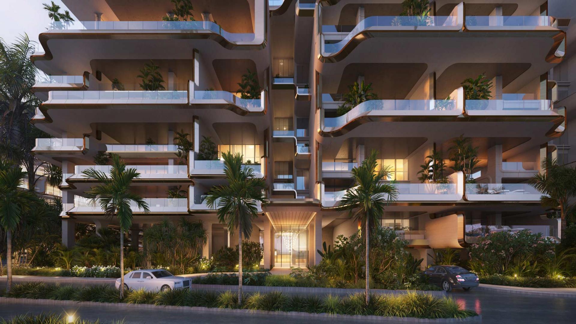 Modern Ela Residences apartment exterior with lush landscaping, Palm Jumeirah, Dubai