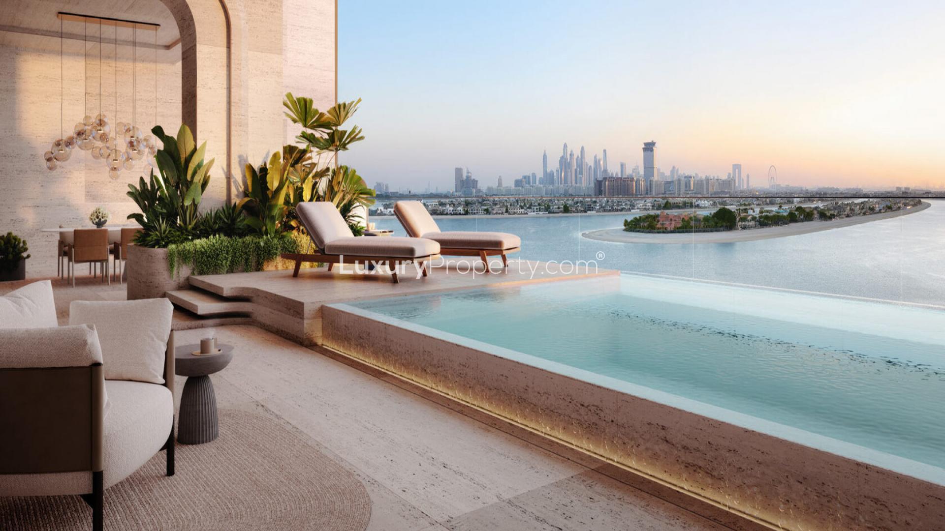 "ELA Residences apartment exterior with modern architecture, lush greenery, and elegant balconies.",Luxurious Palm Jumeirah apartment with private pool and stunning skyline views at ELA Residences