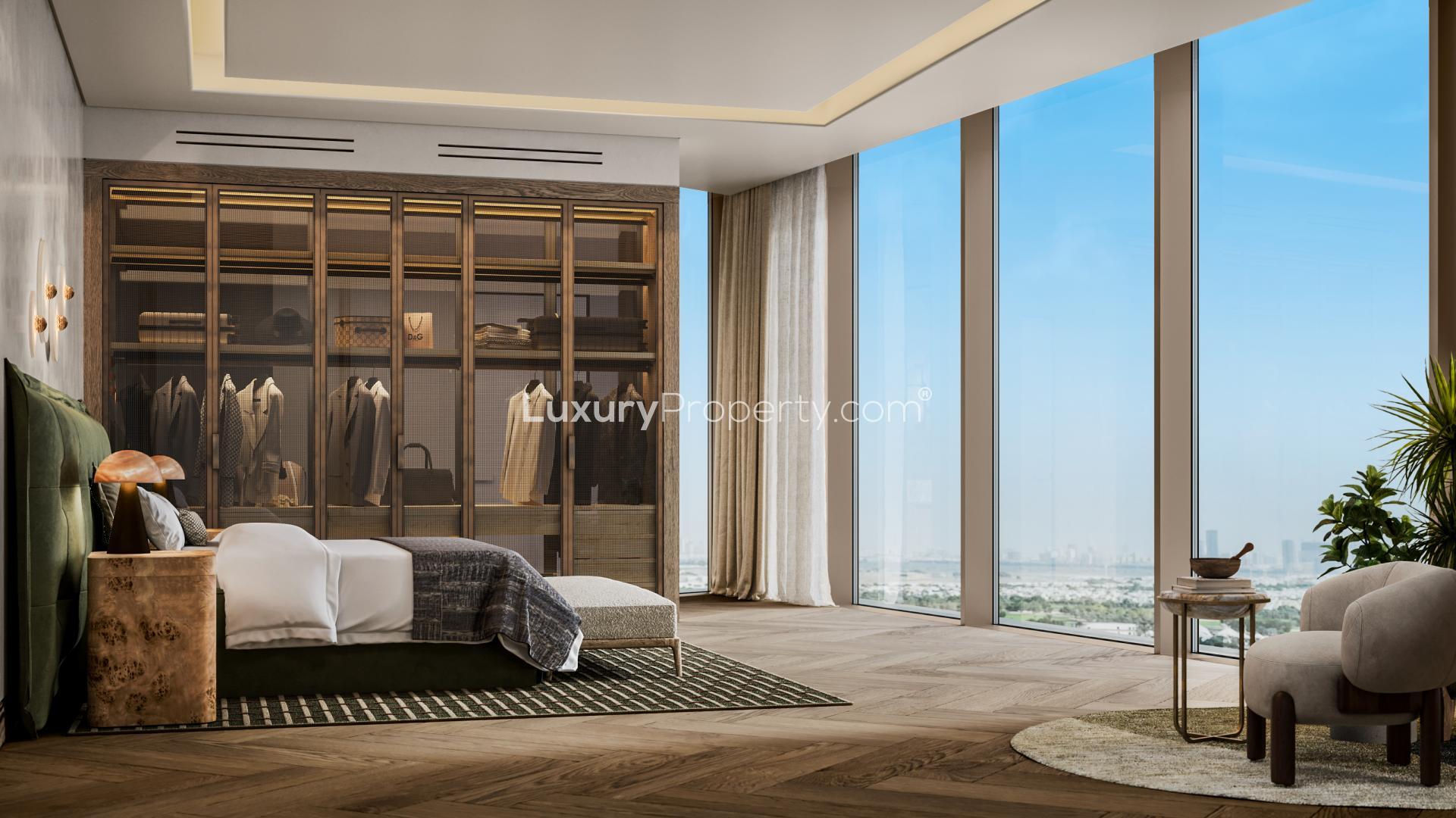 Luxurious kitchen in Six Senses Dubai Marina apartment with marble island and panoramic views