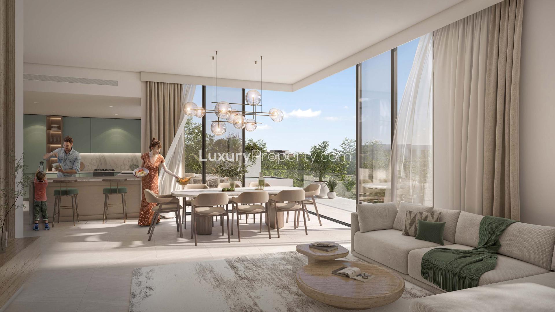 Modern living room and kitchen in 3-bedroom duplex, Serra, Ghaf Woods, for sale