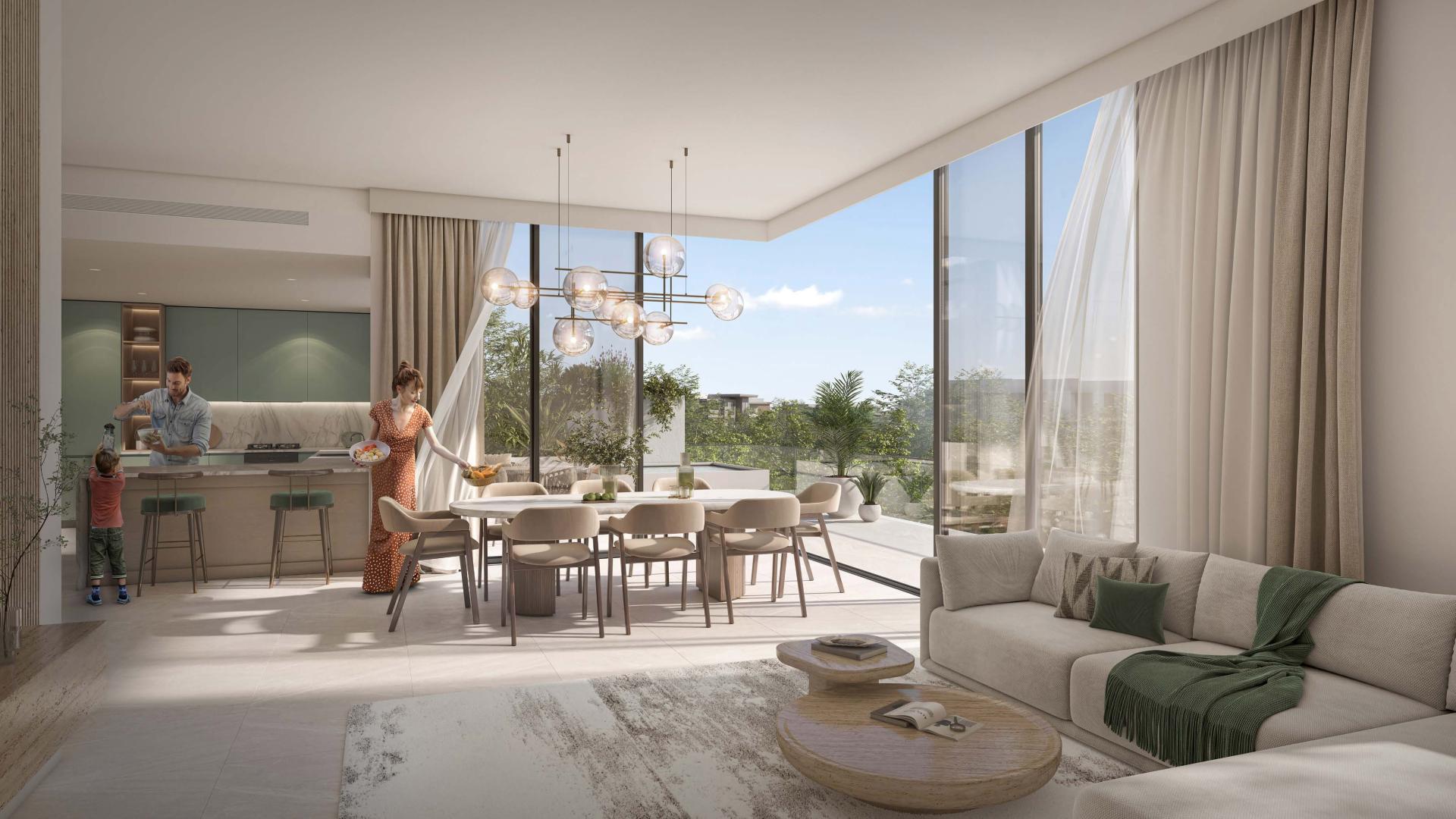 Modern living room and kitchen in 3-bedroom duplex, Serra, Ghaf Woods, for sale