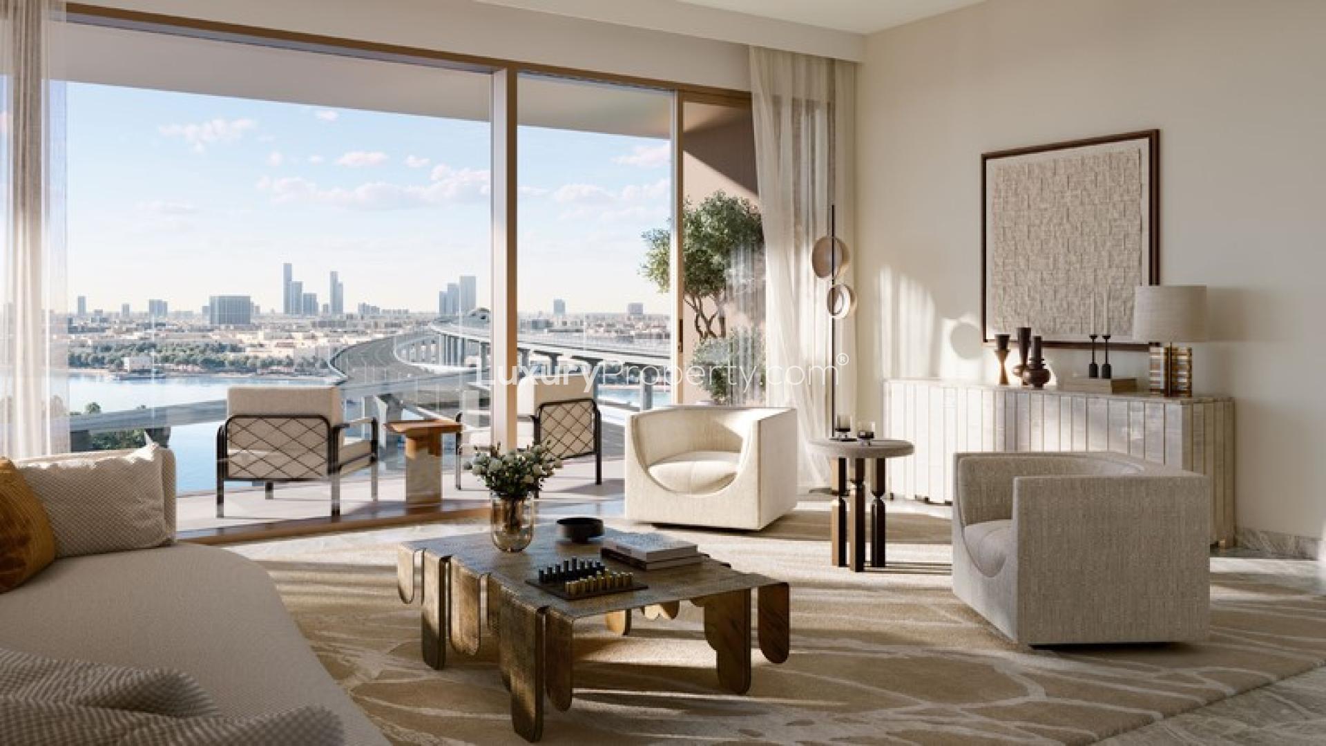 Luxurious lounge area at Palace Residences Creek Blue, Dubai Creek Harbour apartment for sale
