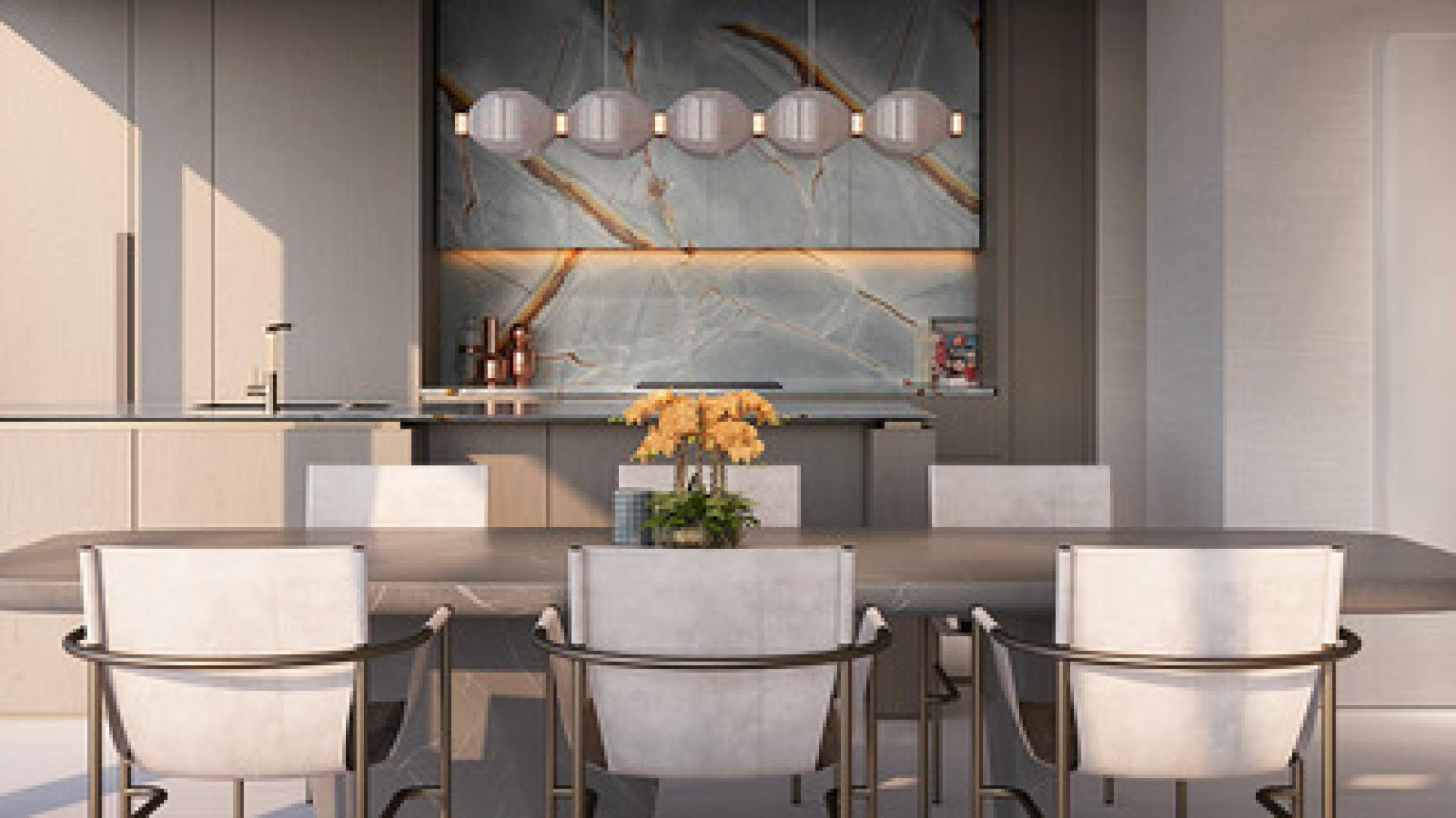 Modern open-plan living area in Verve City Walk apartment with cityscape views