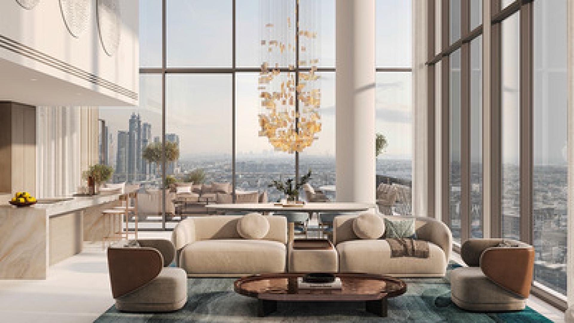 Modern living room in Verve City Walk apartment, overlooking cityscape. Spacious and elegant design