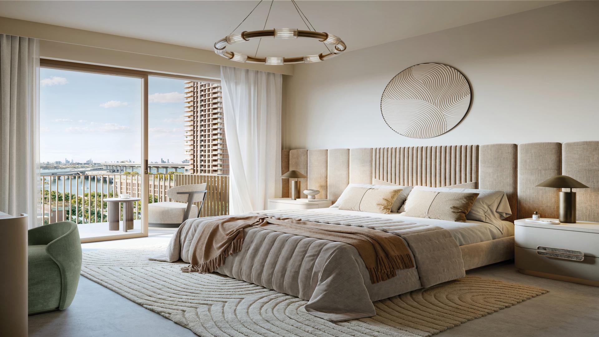 Elegant living room in 3-bedroom Altus apartment, Dubai Creek Harbour, with balcony view