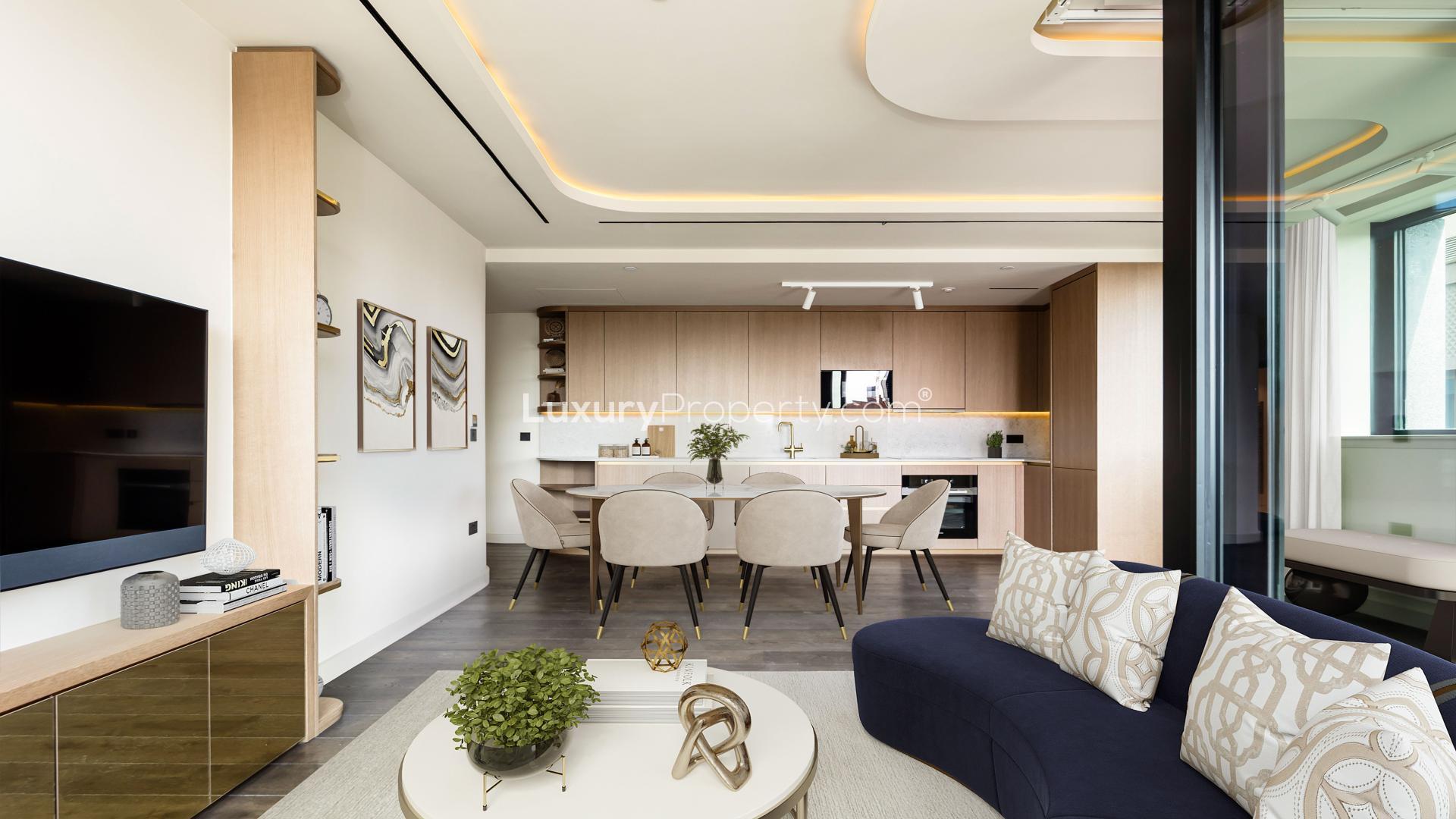 Modern living room in 3-bedroom West End apartment, TCRW Soho, London, for sale