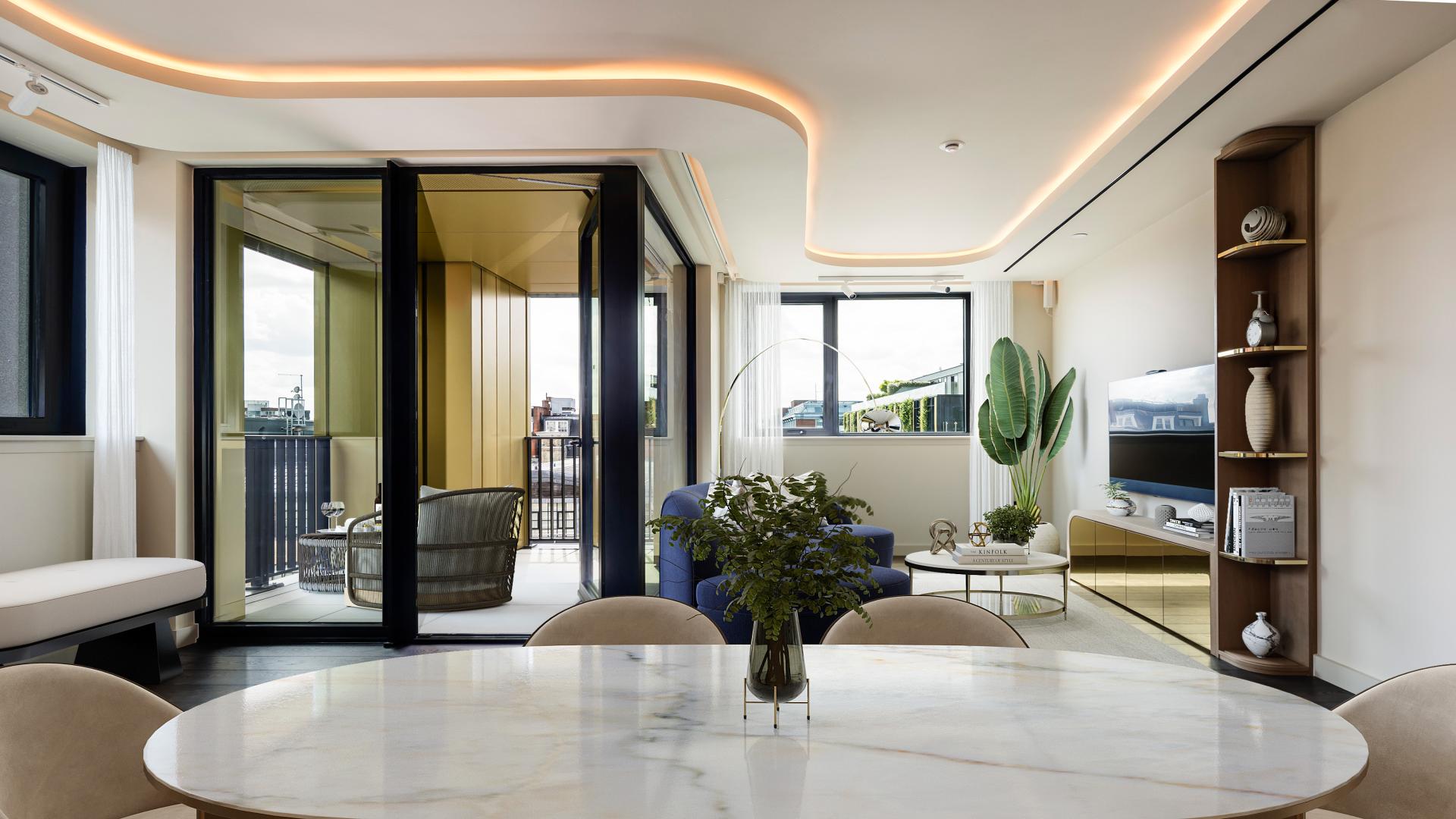 Modern living area in 3-bedroom West End apartment, London, with stylish furnishings and natural light